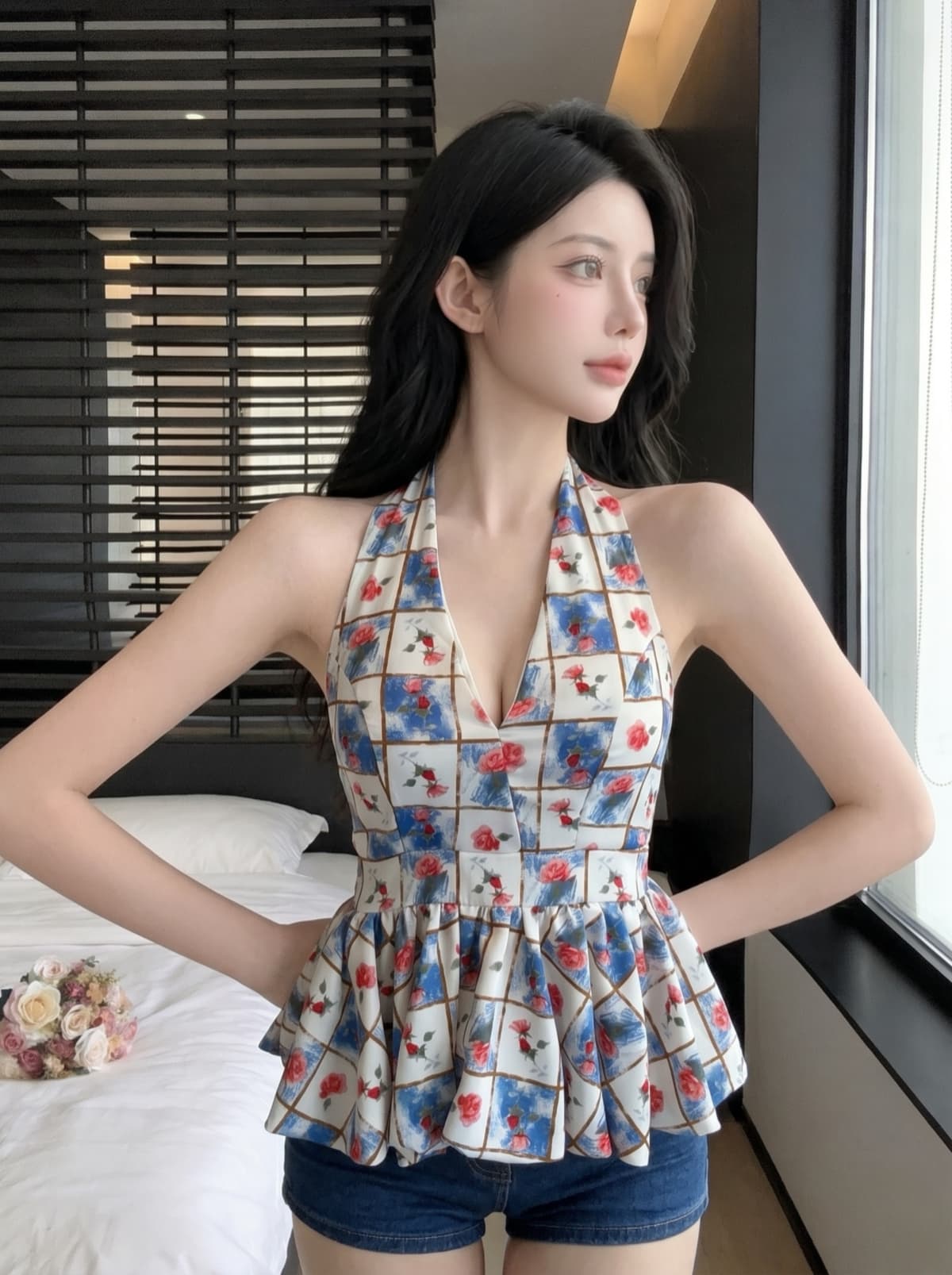 실사 프랑스식 고급 센스 레트로 레오파드 무늬 행침 목 V넥 백리스 허리 수축 맨위 여성 여름 새로운 몸매 가꾸기 작은 셔츠 상세 이미지 3