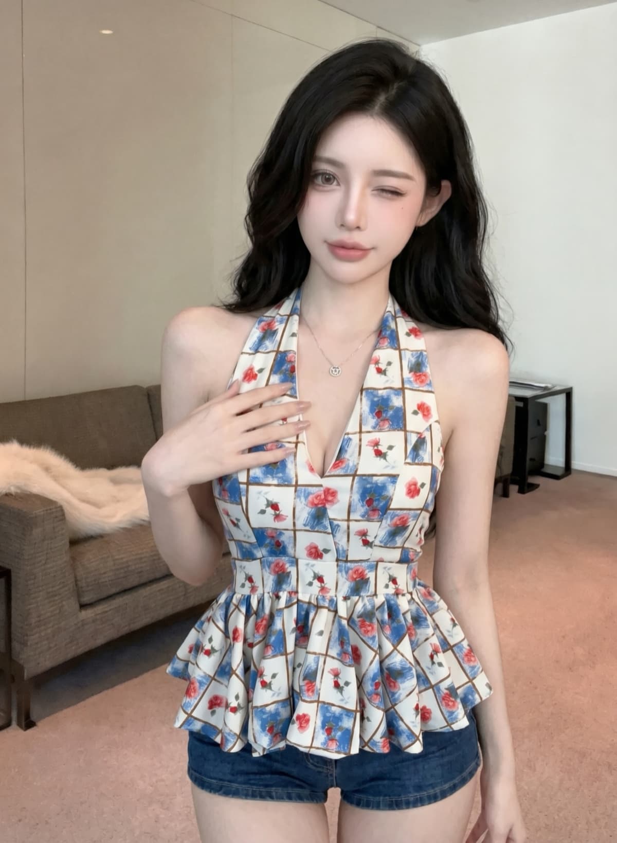 실사 프랑스식 고급 센스 레트로 레오파드 무늬 행침 목 V넥 백리스 허리 수축 맨위 여성 여름 새로운 몸매 가꾸기 작은 셔츠 상세 이미지 4