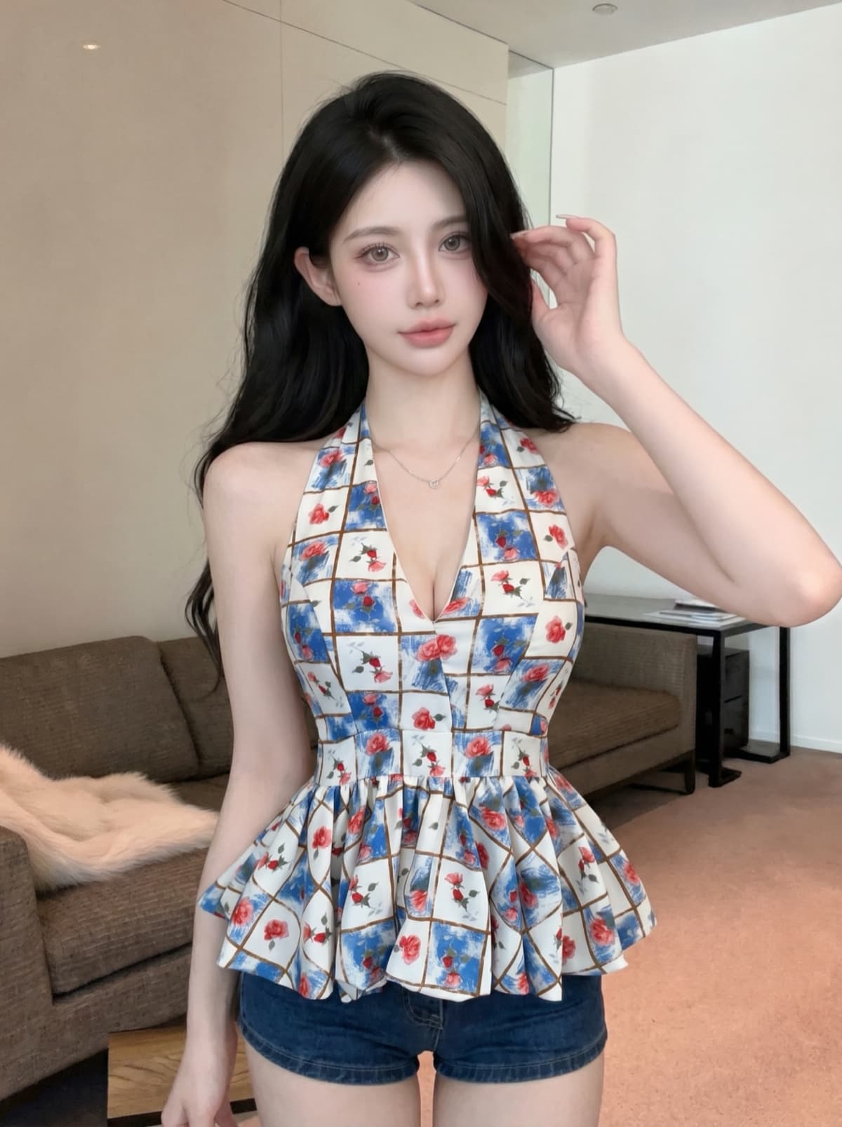 실사 프랑스식 고급 센스 레트로 레오파드 무늬 행침 목 V넥 백리스 허리 수축 맨위 여성 여름 새로운 몸매 가꾸기 작은 셔츠 상세 이미지 5