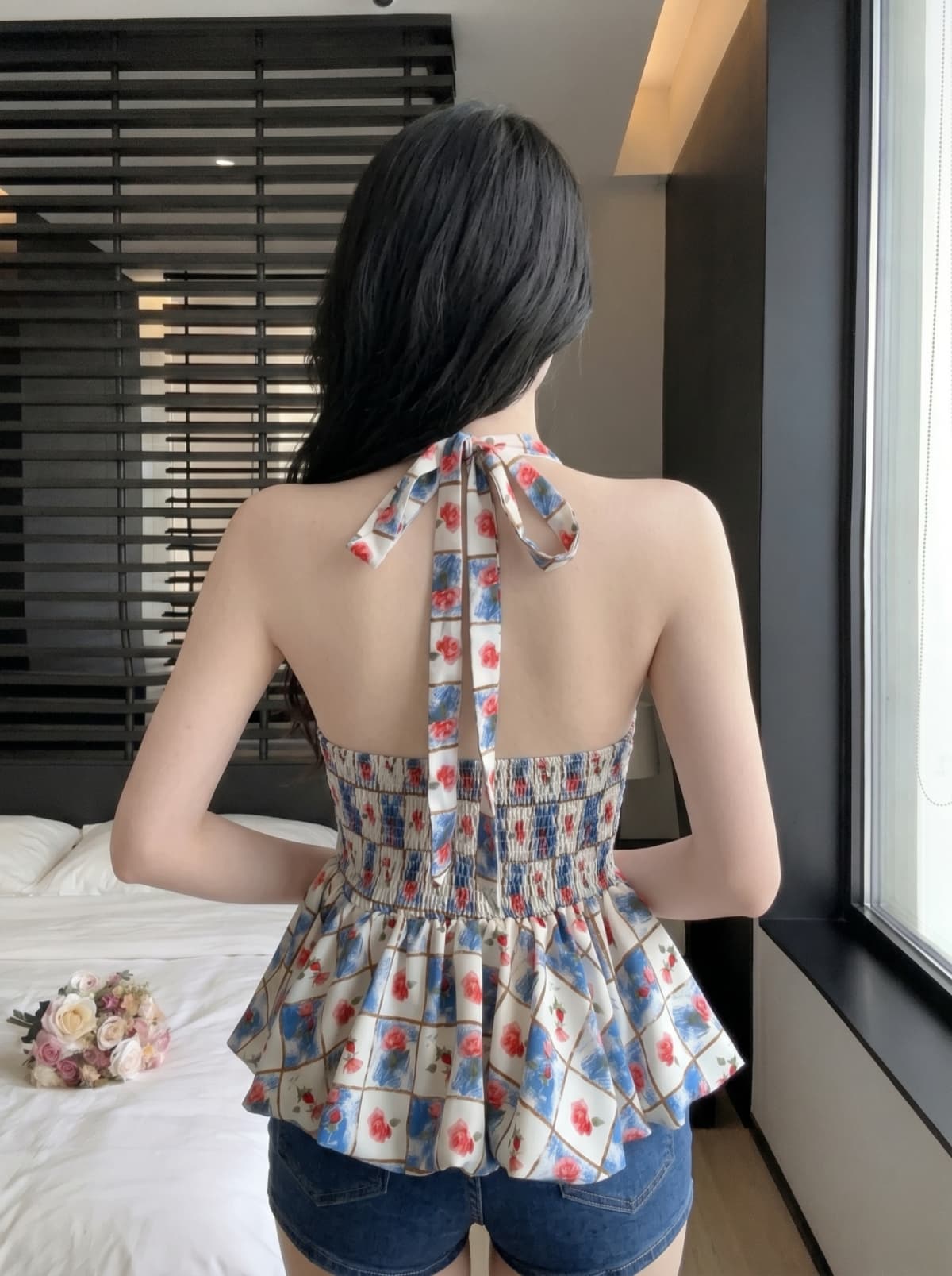 실사 프랑스식 고급 센스 레트로 레오파드 무늬 행침 목 V넥 백리스 허리 수축 맨위 여성 여름 새로운 몸매 가꾸기 작은 셔츠 상세 이미지 6