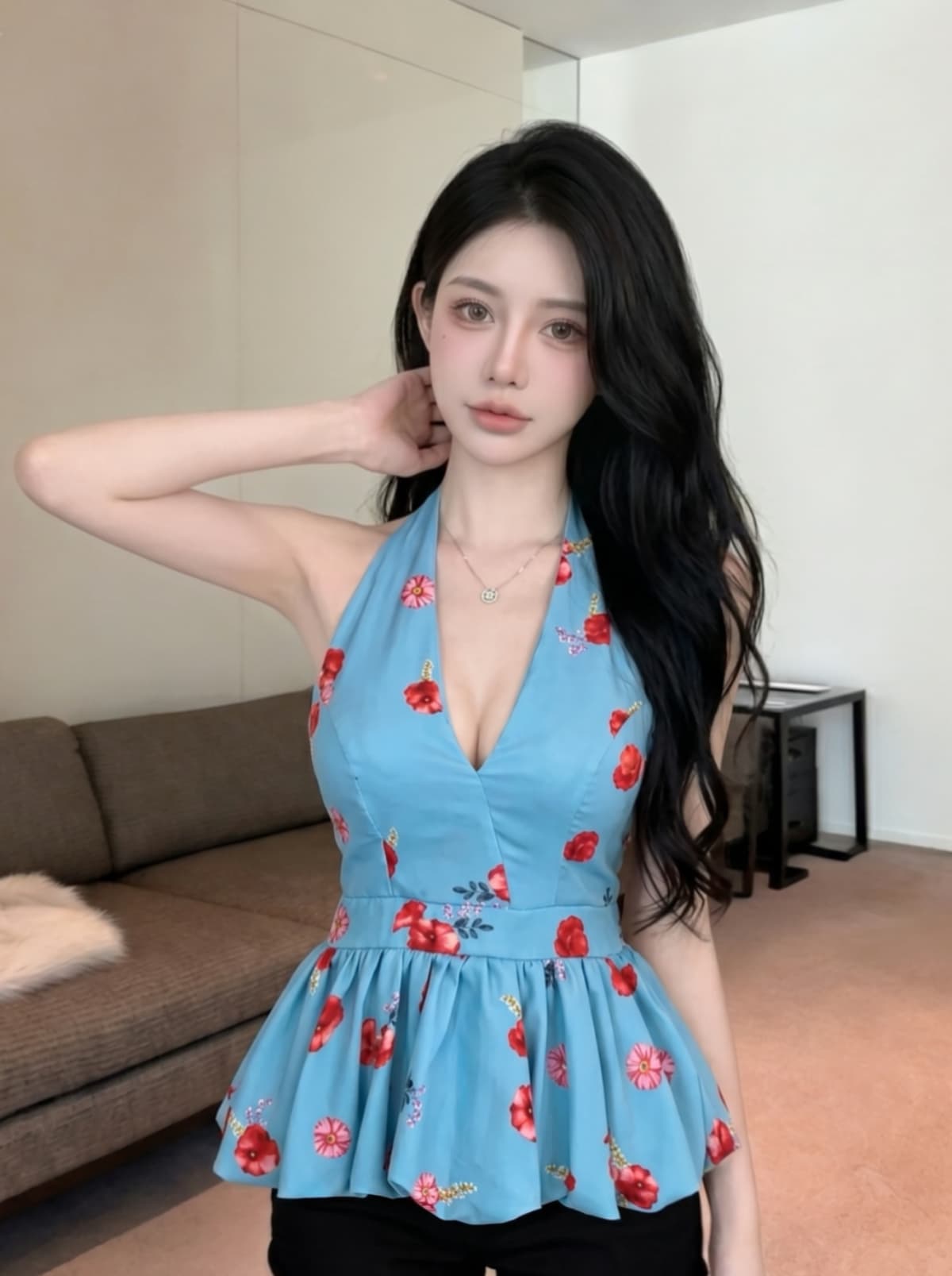 실사 프랑스식 고급 센스 레트로 레오파드 무늬 행침 목 V넥 백리스 허리 수축 맨위 여성 여름 새로운 몸매 가꾸기 작은 셔츠 상세 이미지 8