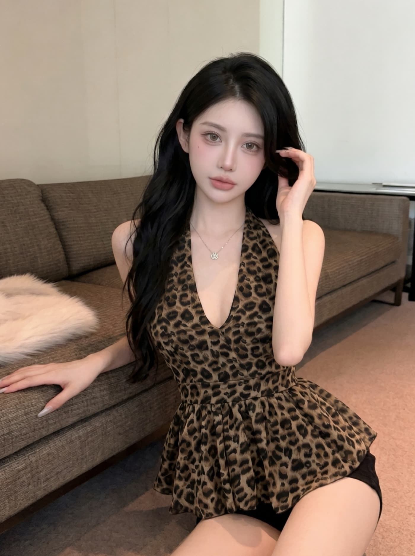 실사 프랑스식 고급 센스 레트로 레오파드 무늬 행침 목 V넥 백리스 허리 수축 맨위 여성 여름 새로운 몸매 가꾸기 작은 셔츠 상세 이미지 14