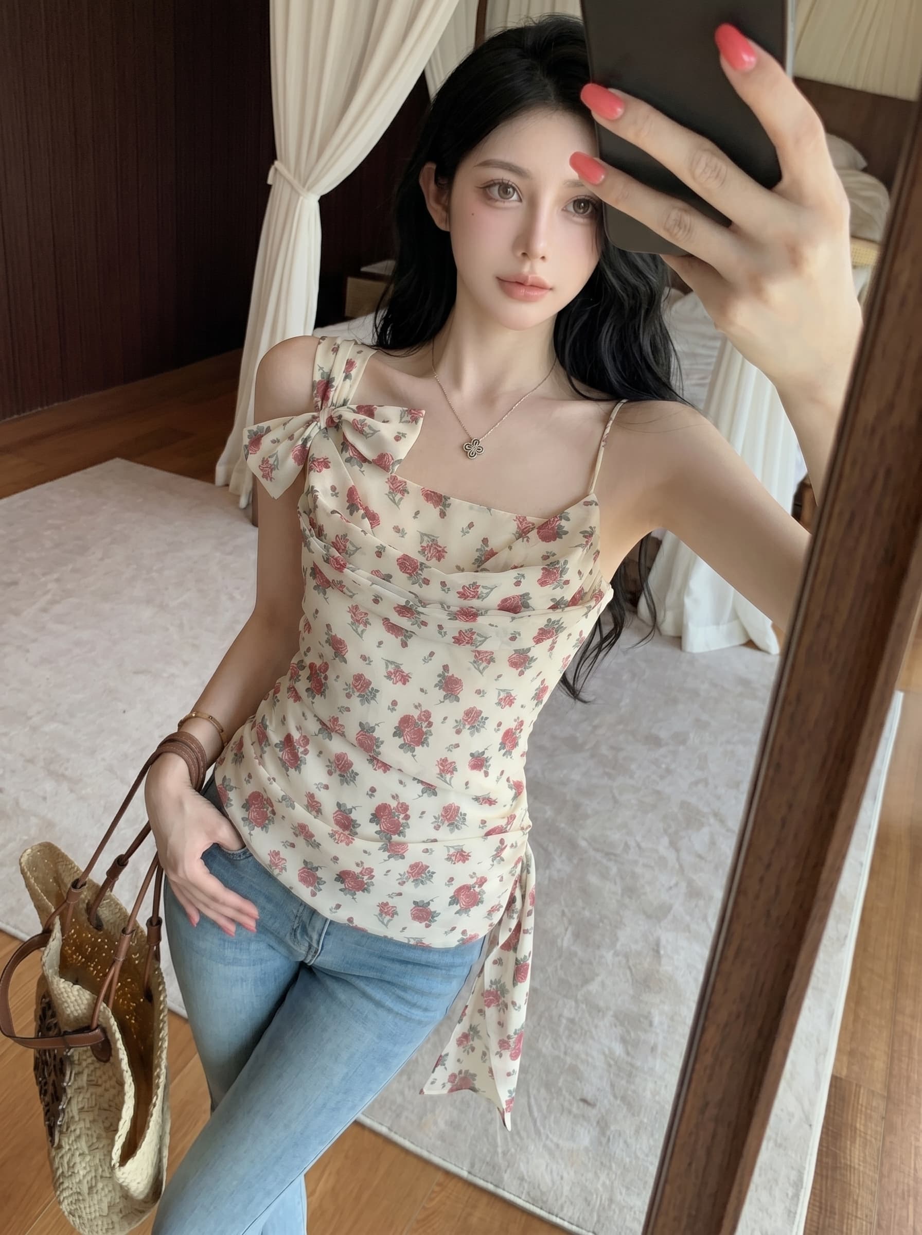 실사 프랑스식 순수한 욕망 나비 매듭 꽃무늬 불규칙 슬립 맨위 여성 여름 레트로 몸매 가꾸기 섹시함 레이스 셔츠 이미지 4