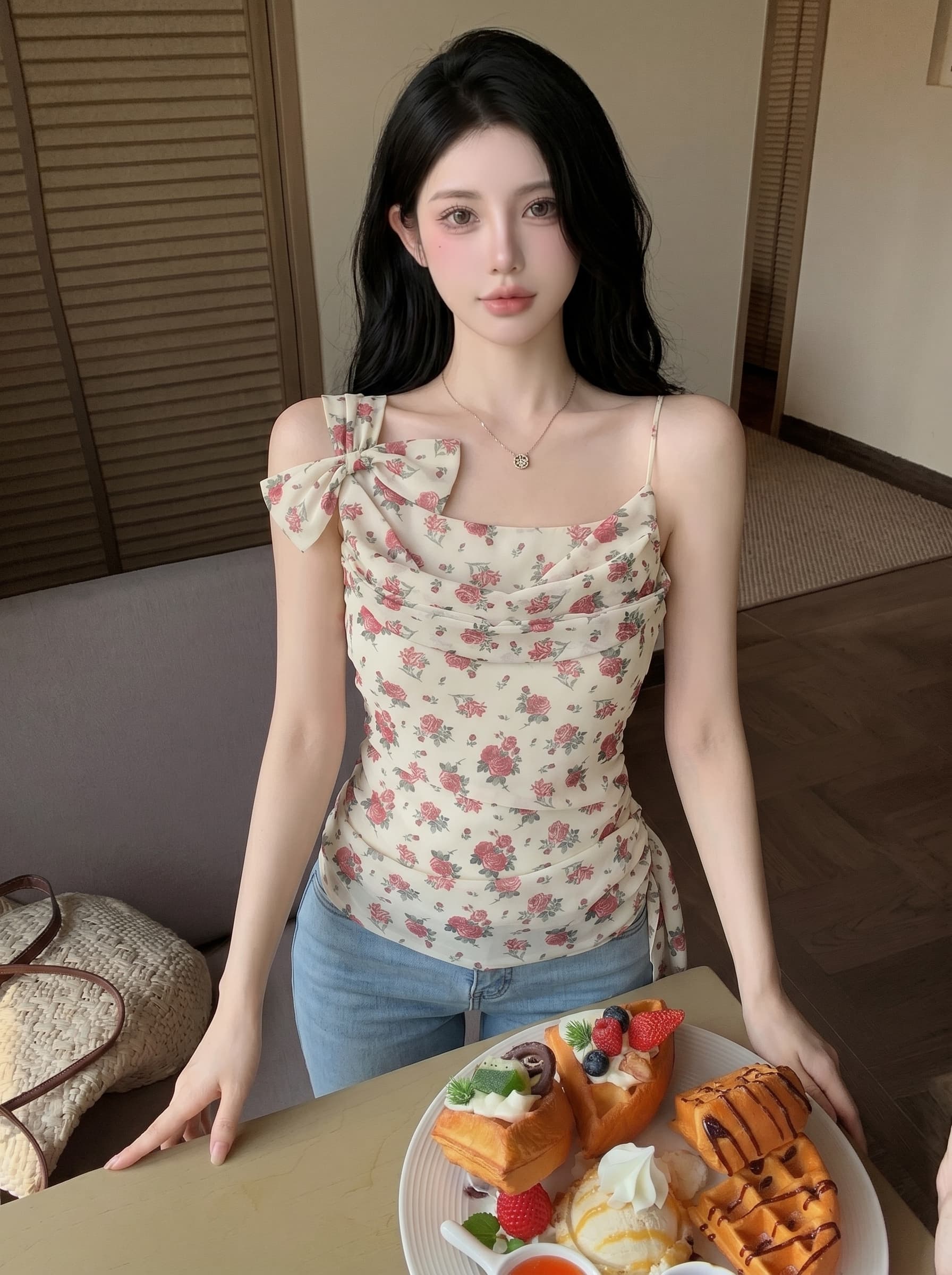 실사 프랑스식 순수한 욕망 나비 매듭 꽃무늬 불규칙 슬립 맨위 여성 여름 레트로 몸매 가꾸기 섹시함 레이스 셔츠 상세 이미지 3