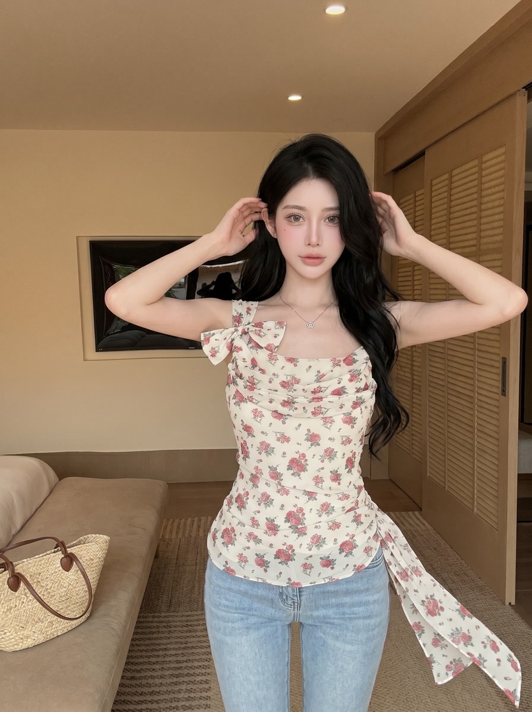 실사 프랑스식 순수한 욕망 나비 매듭 꽃무늬 불규칙 슬립 맨위 여성 여름 레트로 몸매 가꾸기 섹시함 레이스 셔츠 상세 이미지 4