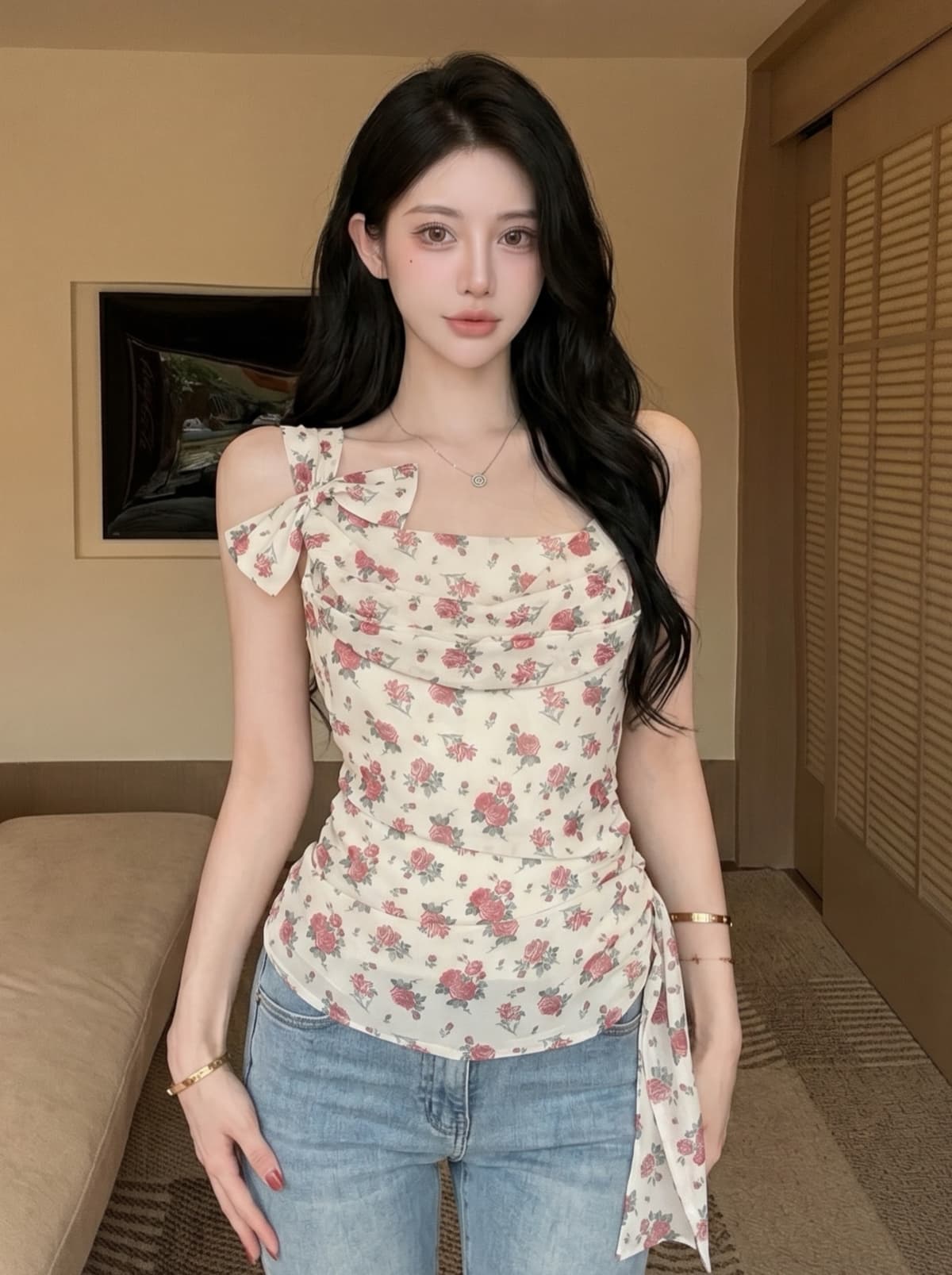 실사 프랑스식 순수한 욕망 나비 매듭 꽃무늬 불규칙 슬립 맨위 여성 여름 레트로 몸매 가꾸기 섹시함 레이스 셔츠 상세 이미지 6