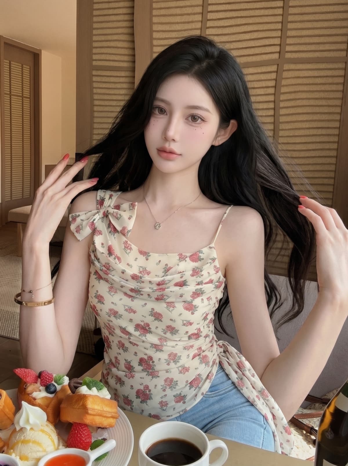 실사 프랑스식 순수한 욕망 나비 매듭 꽃무늬 불규칙 슬립 맨위 여성 여름 레트로 몸매 가꾸기 섹시함 레이스 셔츠 상세 이미지 7