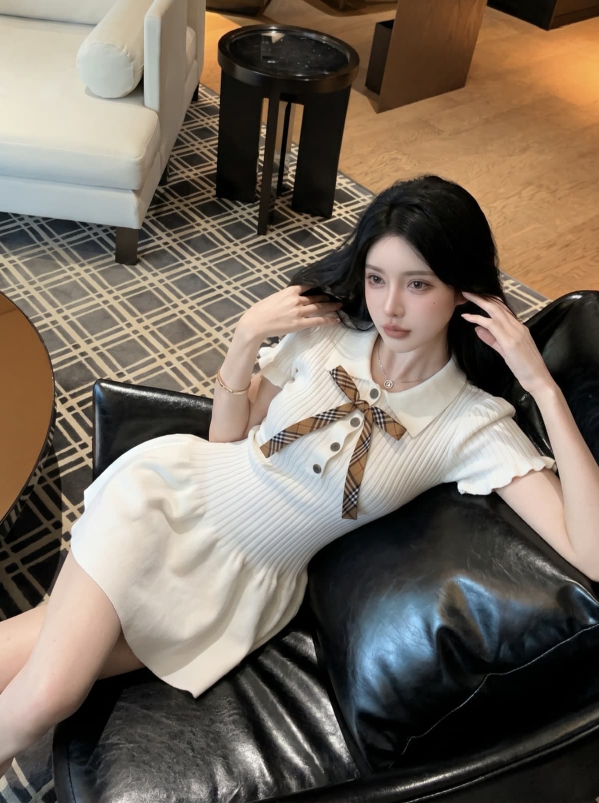 실사 작은 샤넬 스타일 POLO 칼라 허리 수축 니트 여성 드레스 여름 나비 매듭 외국 가스 고급 센스 슬림해 보이는 미니 스커트 이미지 5