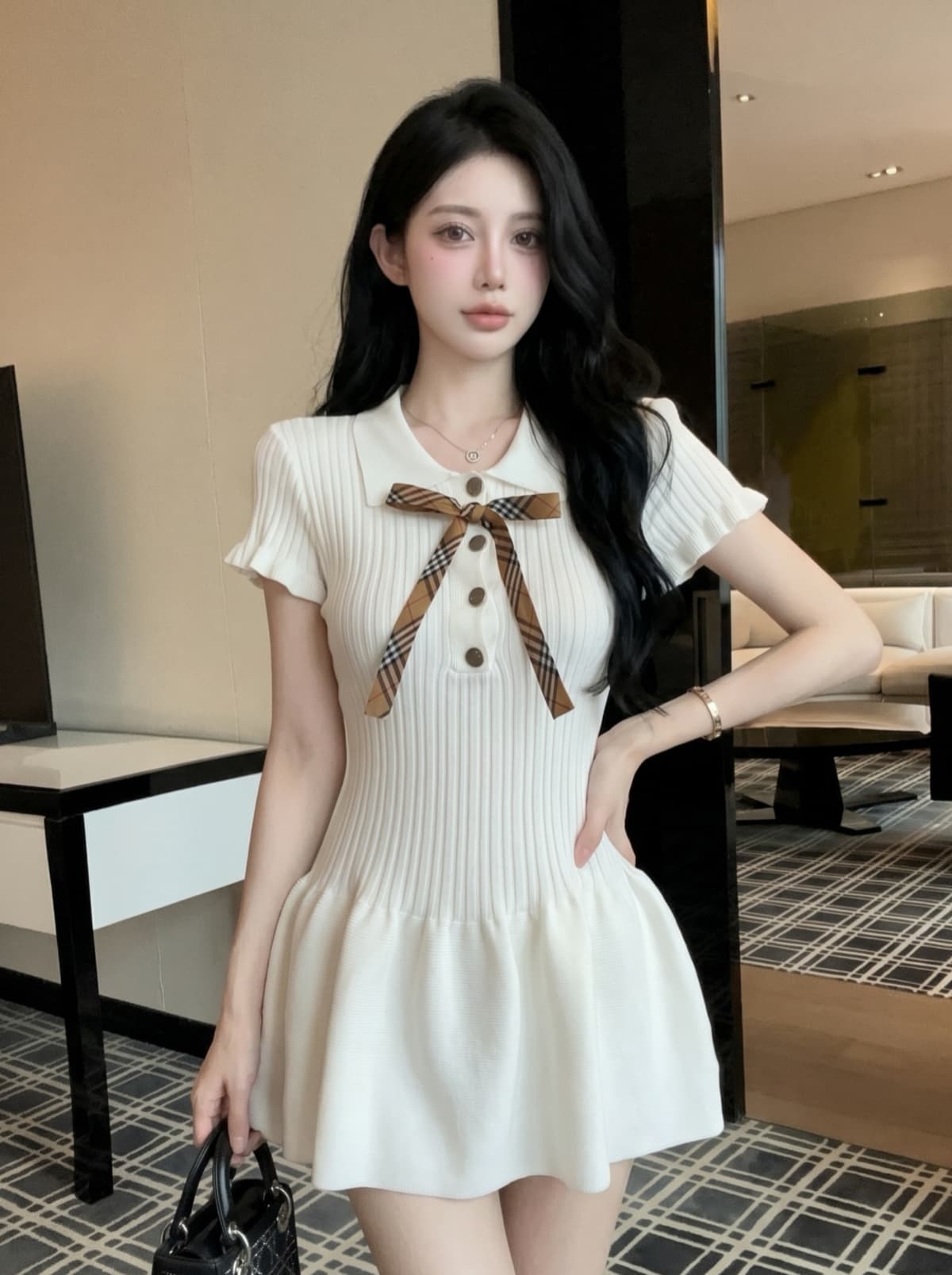 실사 작은 샤넬 스타일 POLO 칼라 허리 수축 니트 여성 드레스 여름 나비 매듭 외국 가스 고급 센스 슬림해 보이는 미니 스커트 상세 이미지 1