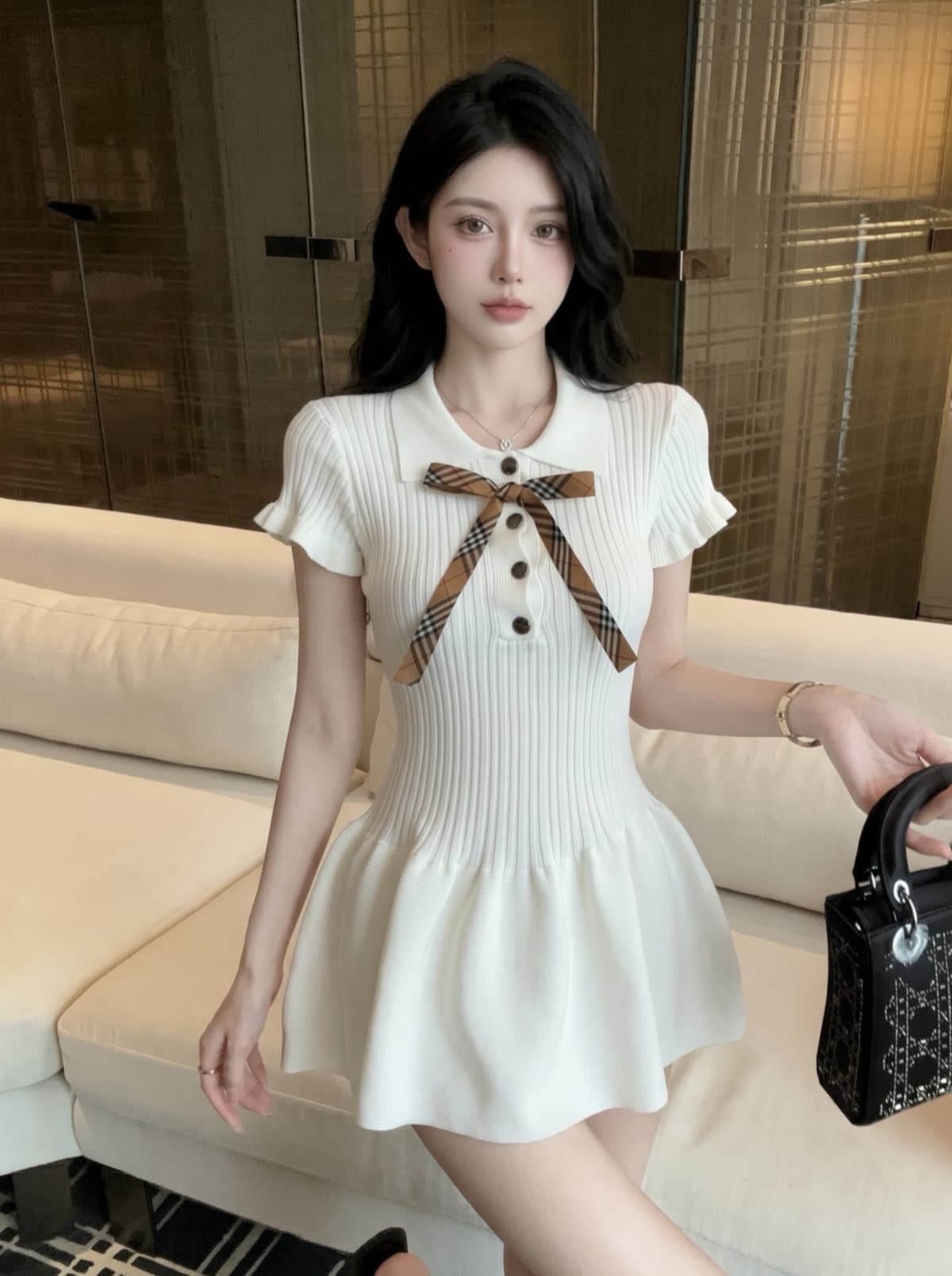 실사 작은 샤넬 스타일 POLO 칼라 허리 수축 니트 여성 드레스 여름 나비 매듭 외국 가스 고급 센스 슬림해 보이는 미니 스커트 상세 이미지 3