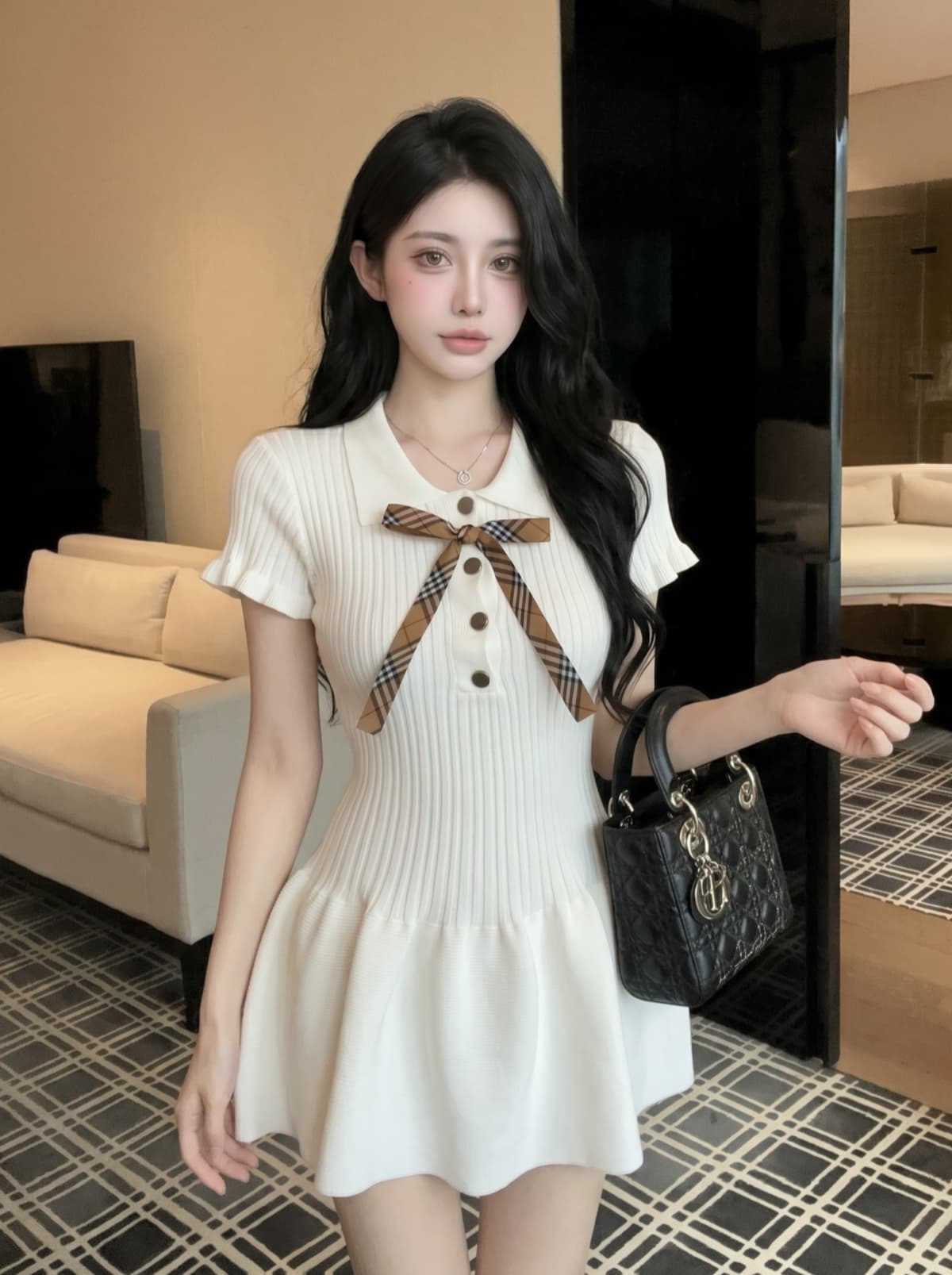실사 작은 샤넬 스타일 POLO 칼라 허리 수축 니트 여성 드레스 여름 나비 매듭 외국 가스 고급 센스 슬림해 보이는 미니 스커트 상세 이미지 4
