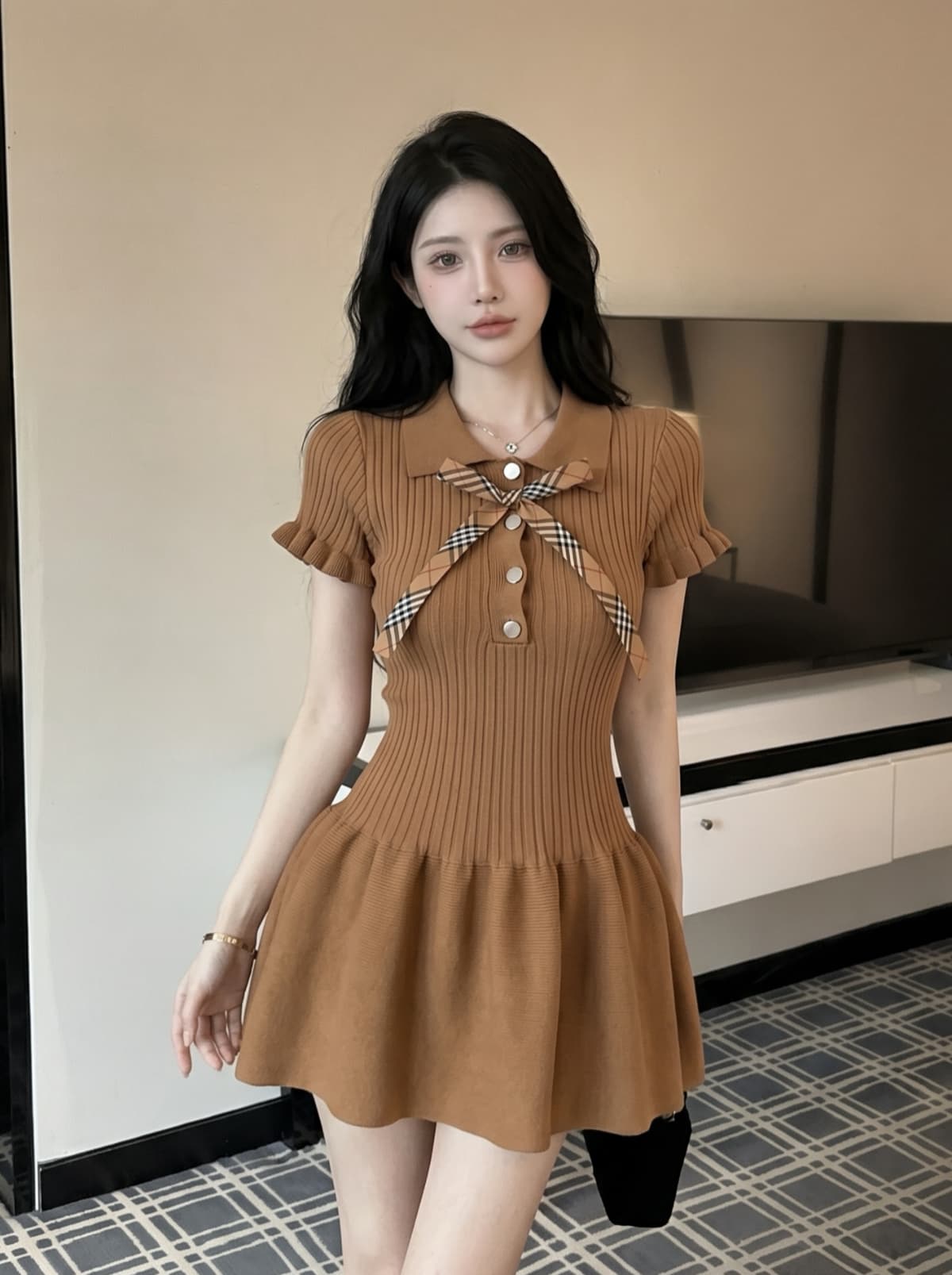 실사 작은 샤넬 스타일 POLO 칼라 허리 수축 니트 여성 드레스 여름 나비 매듭 외국 가스 고급 센스 슬림해 보이는 미니 스커트 상세 이미지 7