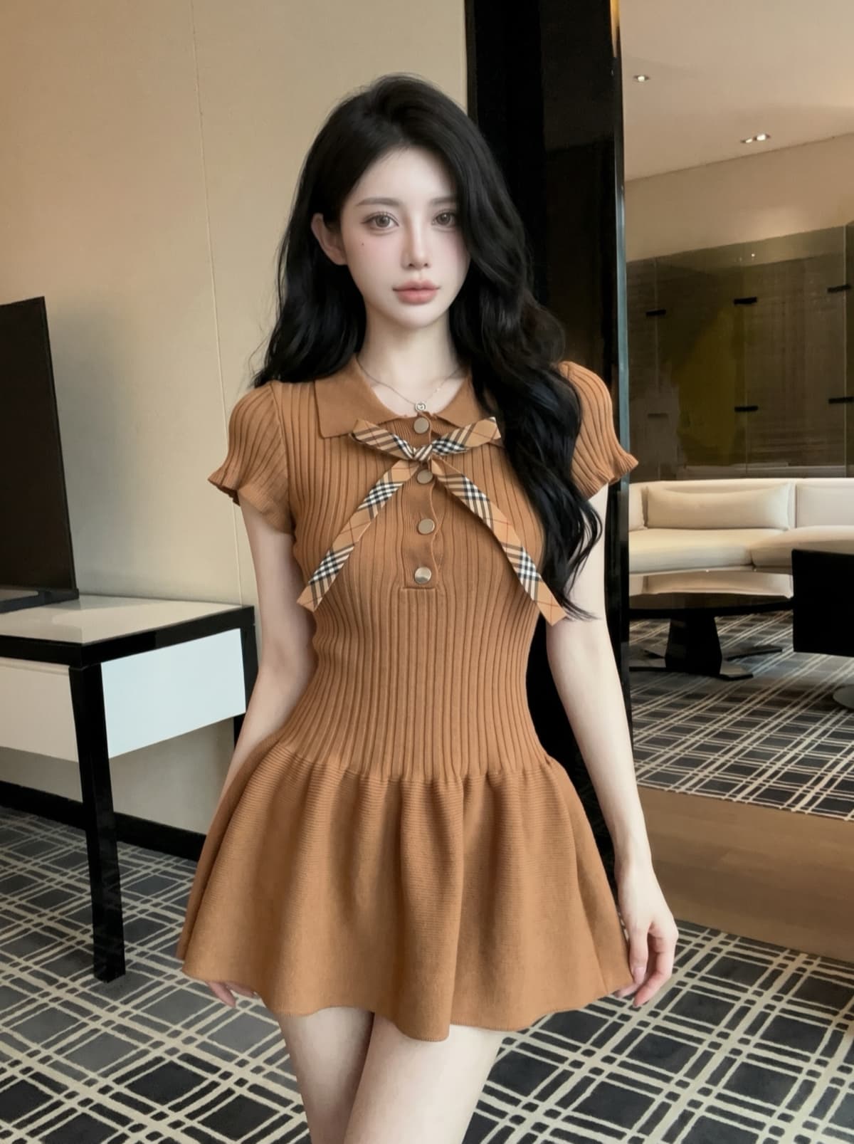 실사 작은 샤넬 스타일 POLO 칼라 허리 수축 니트 여성 드레스 여름 나비 매듭 외국 가스 고급 센스 슬림해 보이는 미니 스커트 상세 이미지 8