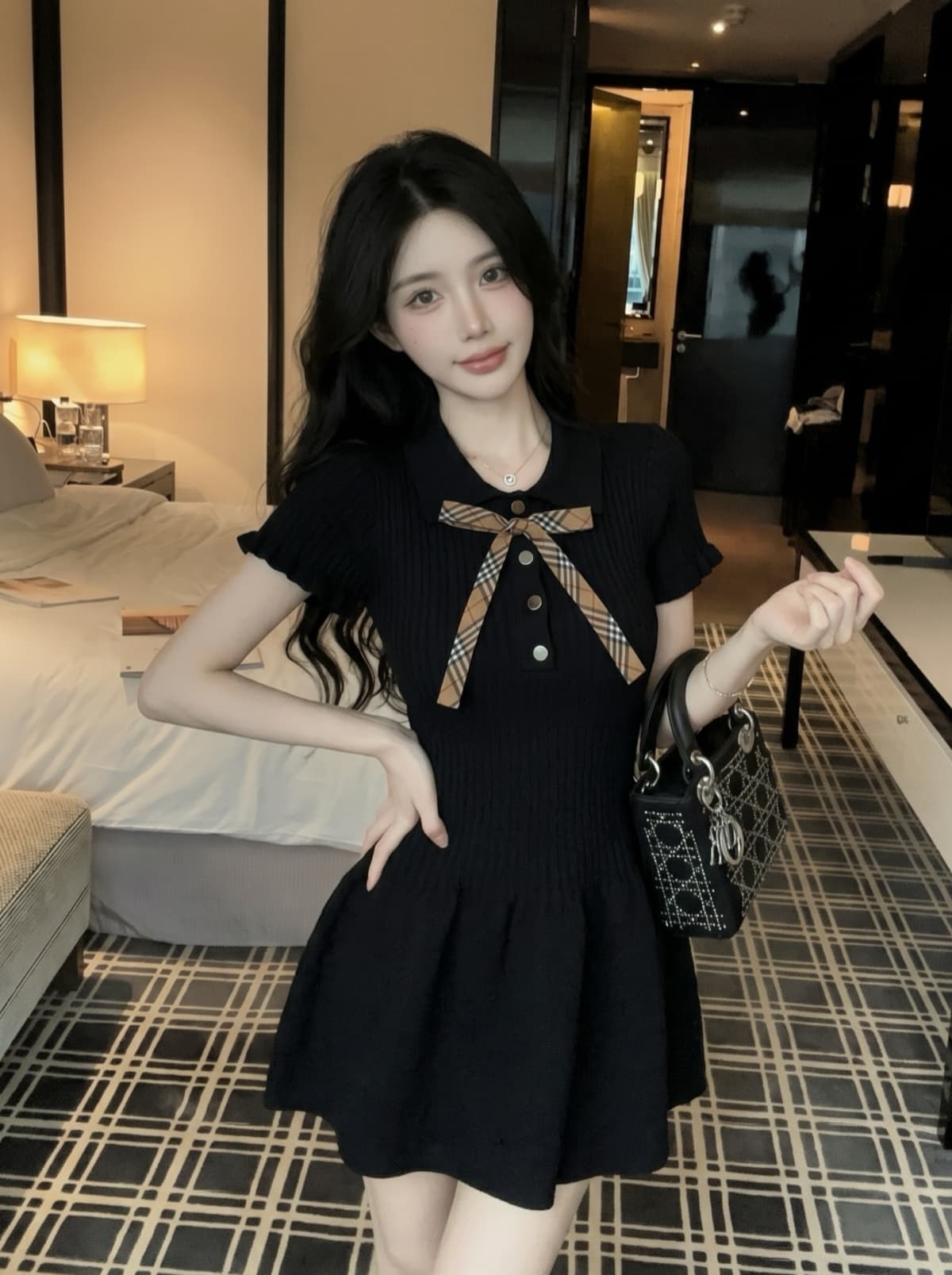 실사 작은 샤넬 스타일 POLO 칼라 허리 수축 니트 여성 드레스 여름 나비 매듭 외국 가스 고급 센스 슬림해 보이는 미니 스커트 상세 이미지 11