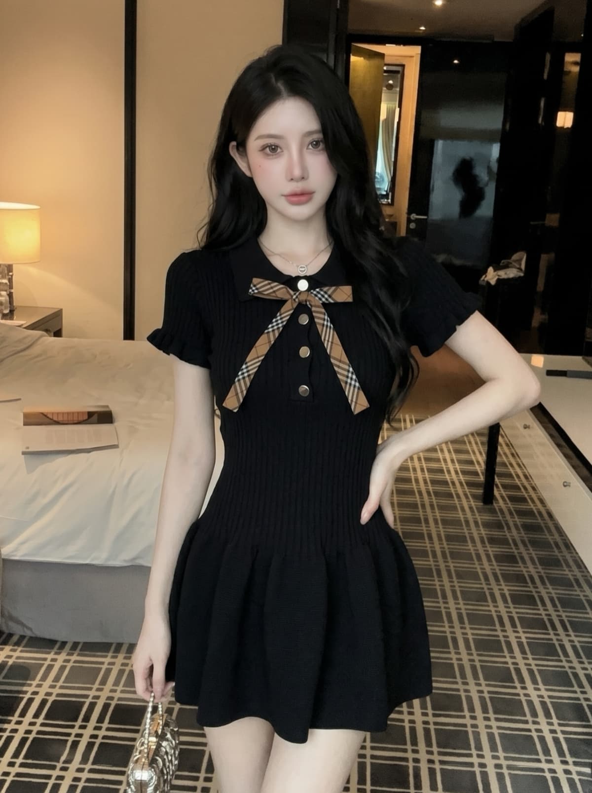 실사 작은 샤넬 스타일 POLO 칼라 허리 수축 니트 여성 드레스 여름 나비 매듭 외국 가스 고급 센스 슬림해 보이는 미니 스커트 상세 이미지 12