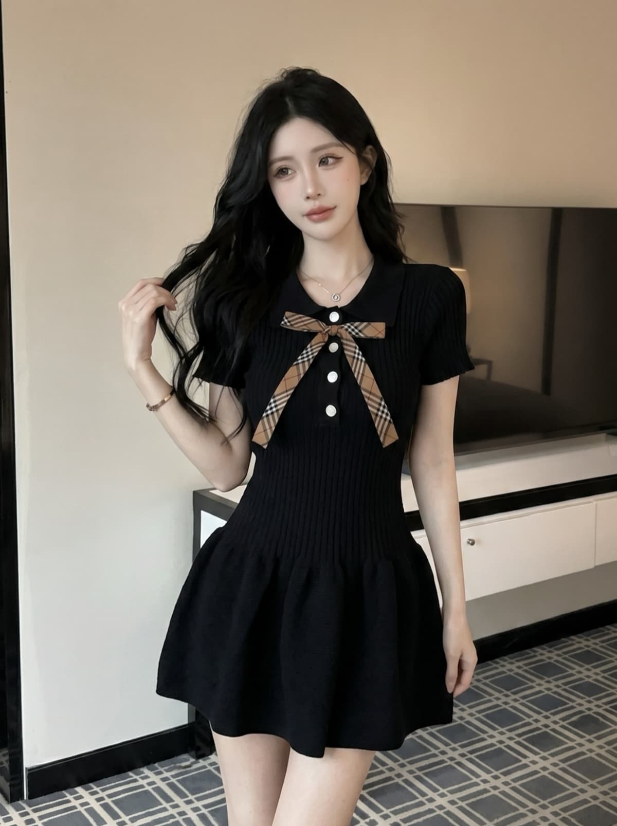 실사 작은 샤넬 스타일 POLO 칼라 허리 수축 니트 여성 드레스 여름 나비 매듭 외국 가스 고급 센스 슬림해 보이는 미니 스커트 상세 이미지 13