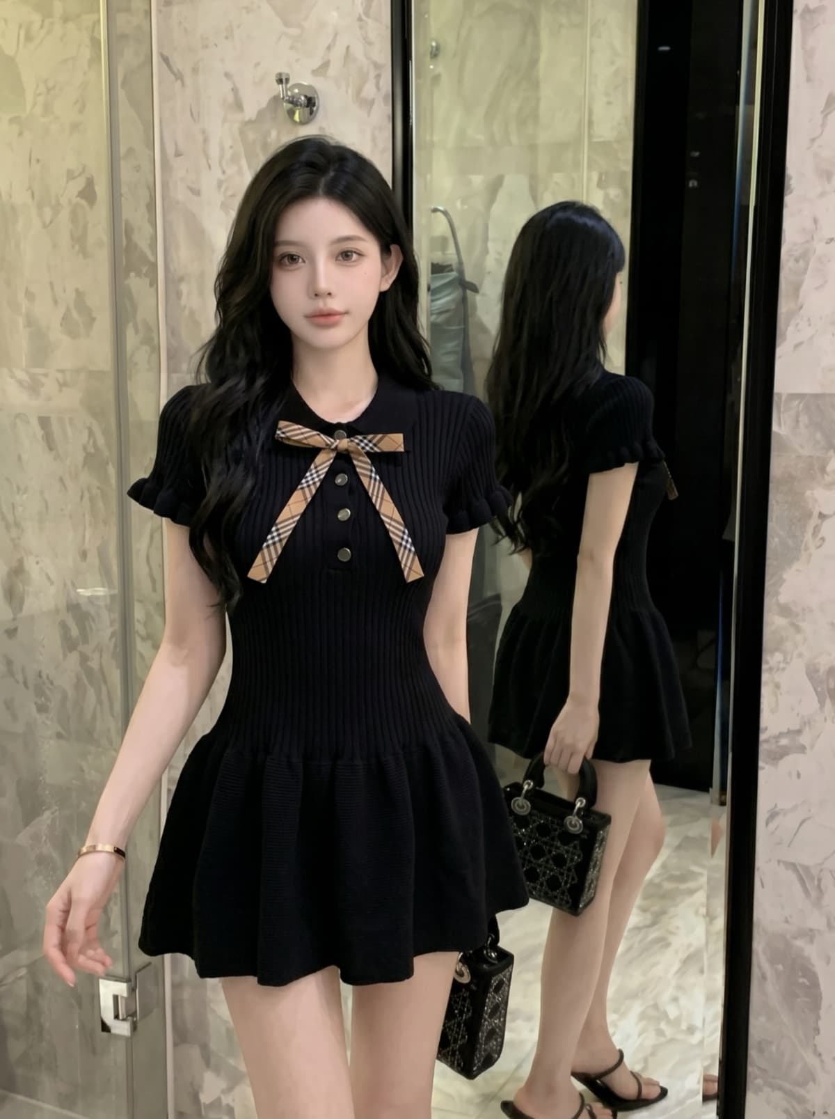 실사 작은 샤넬 스타일 POLO 칼라 허리 수축 니트 여성 드레스 여름 나비 매듭 외국 가스 고급 센스 슬림해 보이는 미니 스커트 상세 이미지 16