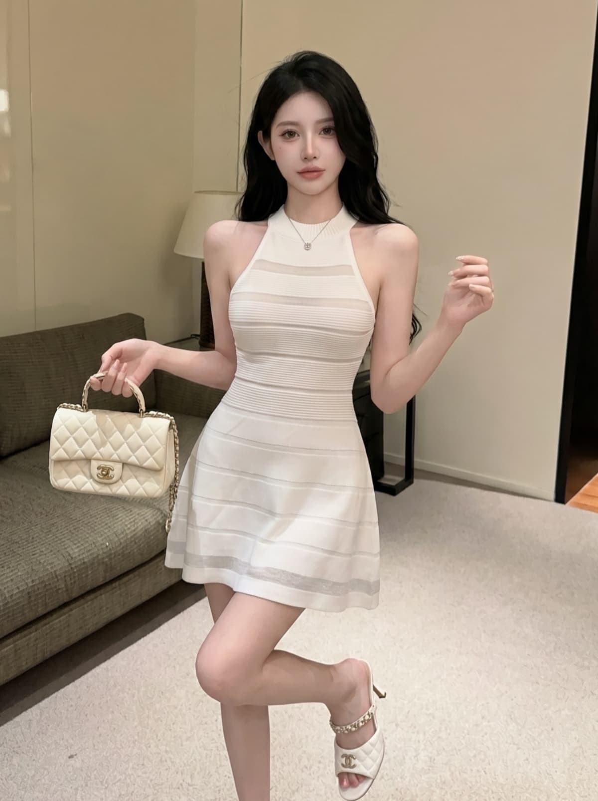 실사 프랑스식 니트 민소매 조끼 여성 드레스 여름 새로운 홀로우 아웃 섹시함 허리 수축 슬림해 보이는 품격 미니 스커트 상세 이미지 1