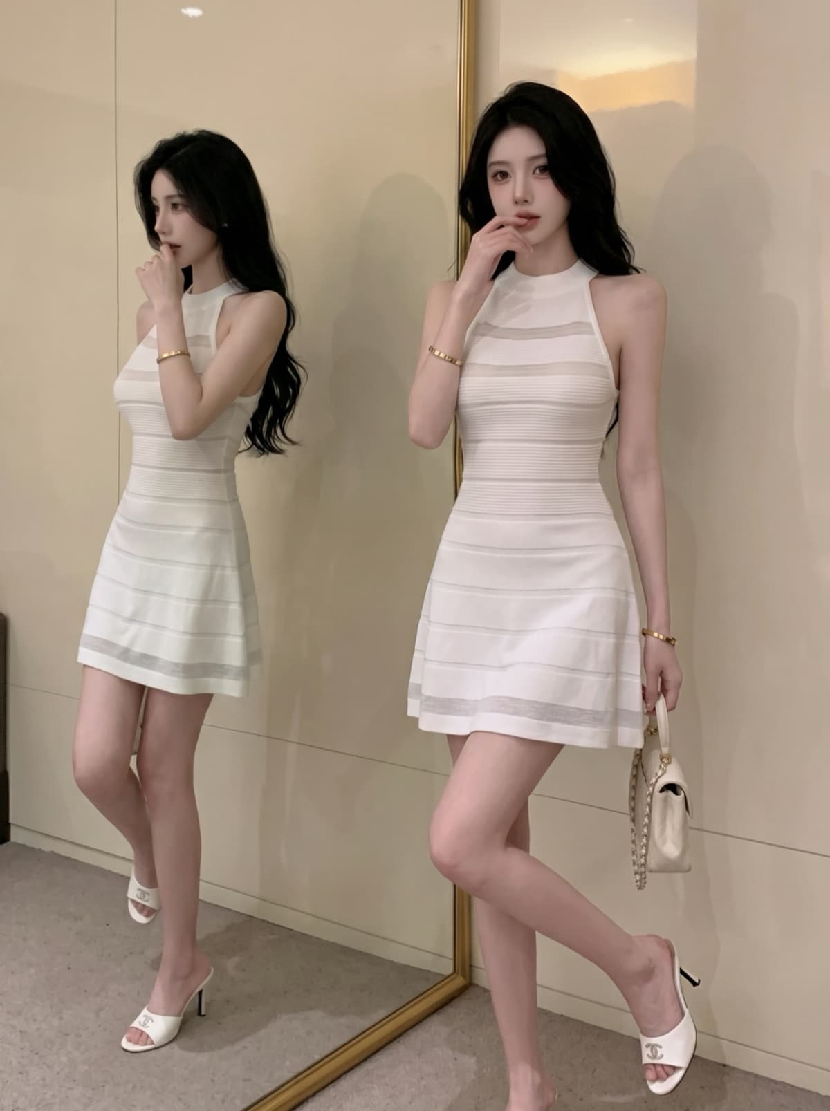 실사 프랑스식 니트 민소매 조끼 여성 드레스 여름 새로운 홀로우 아웃 섹시함 허리 수축 슬림해 보이는 품격 미니 스커트 상세 이미지 3