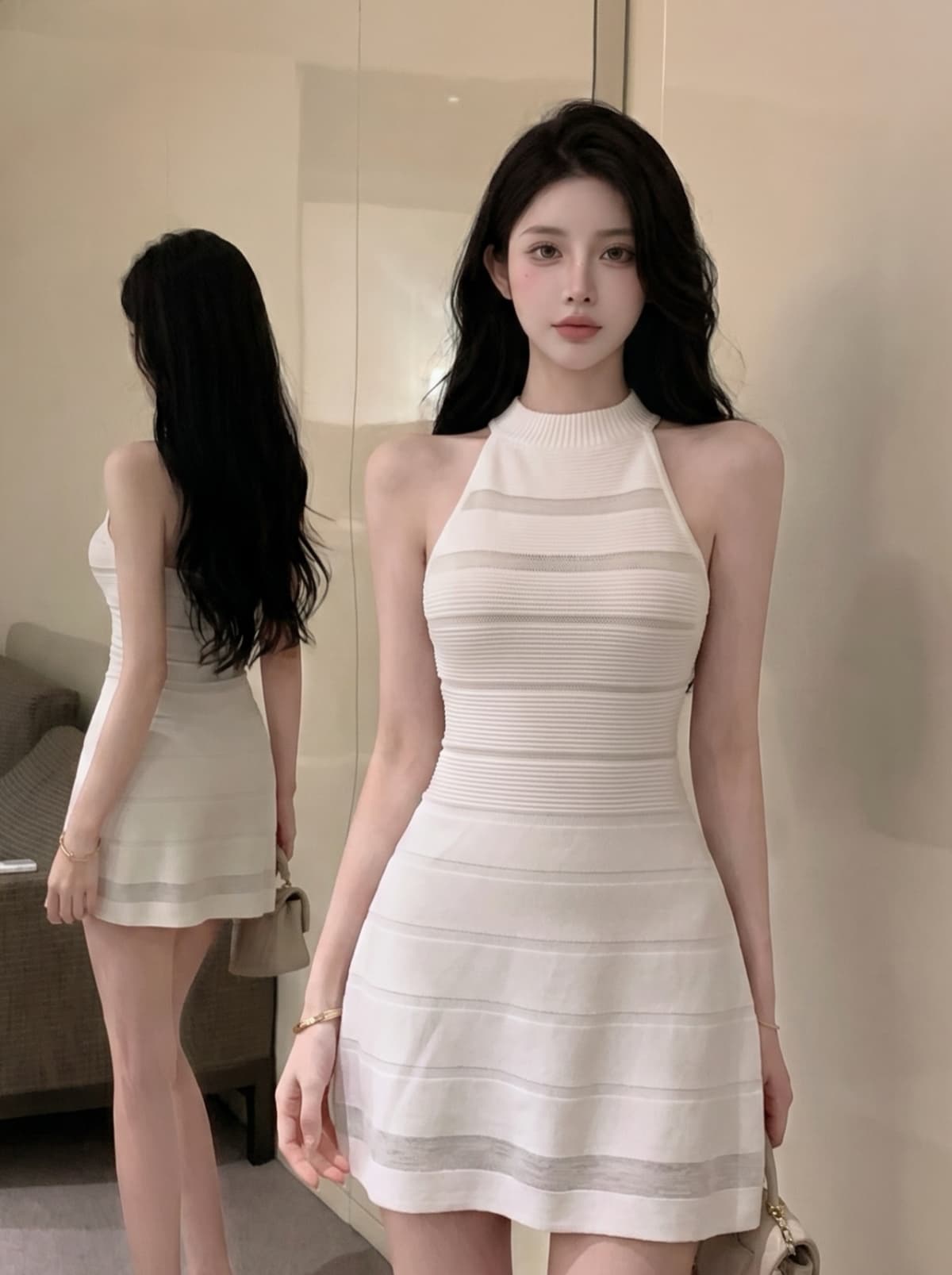 실사 프랑스식 니트 민소매 조끼 여성 드레스 여름 새로운 홀로우 아웃 섹시함 허리 수축 슬림해 보이는 품격 미니 스커트 상세 이미지 5