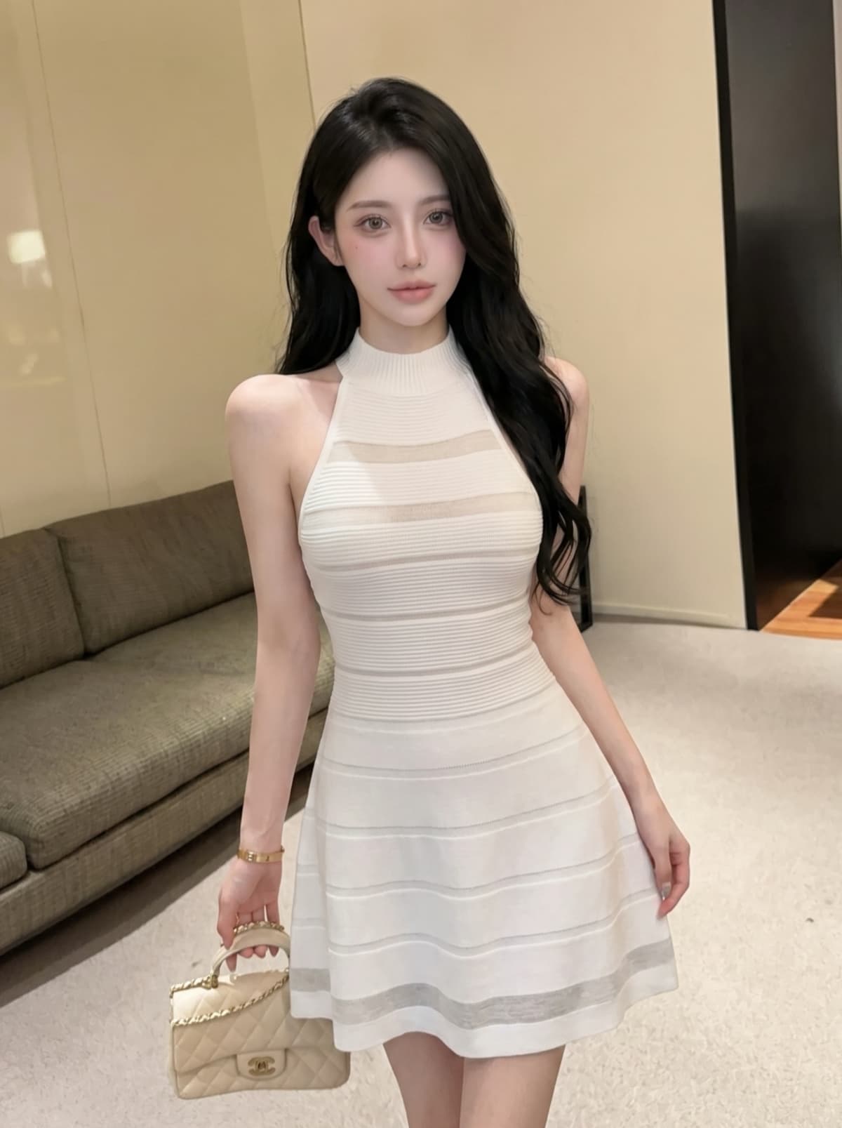 실사 프랑스식 니트 민소매 조끼 여성 드레스 여름 새로운 홀로우 아웃 섹시함 허리 수축 슬림해 보이는 품격 미니 스커트 상세 이미지 6