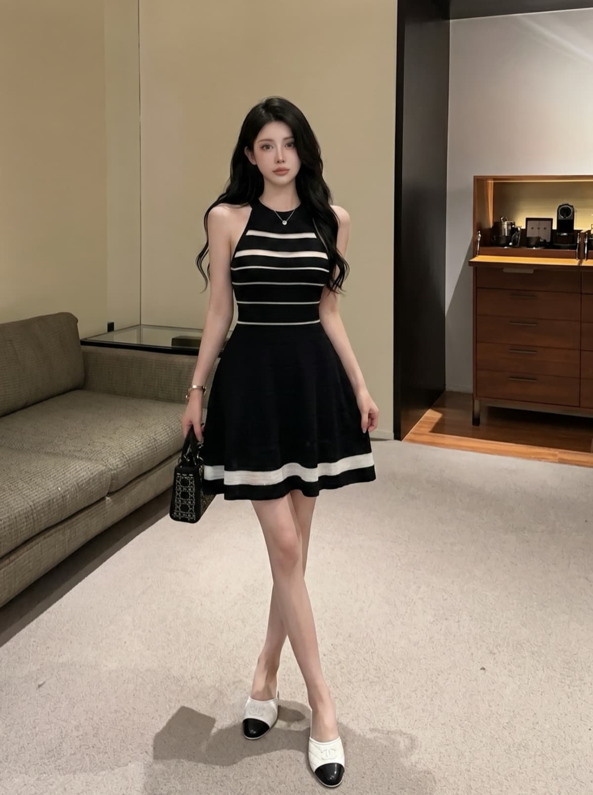 실사 프랑스식 니트 민소매 조끼 여성 드레스 여름 새로운 홀로우 아웃 섹시함 허리 수축 슬림해 보이는 품격 미니 스커트 상세 이미지 13