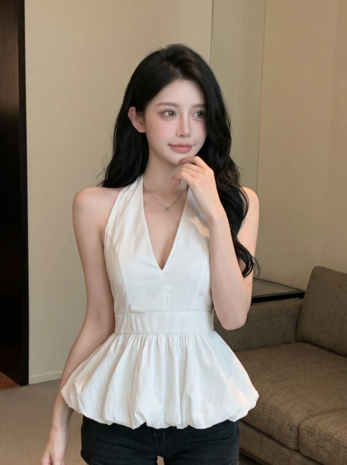 실사 여름 ootd 착용 가져 가라. 프릴 밑단 행침 목 캐미솔 프랑스식 달콤한 핫걸 민소매 맨위 상세 이미지 2