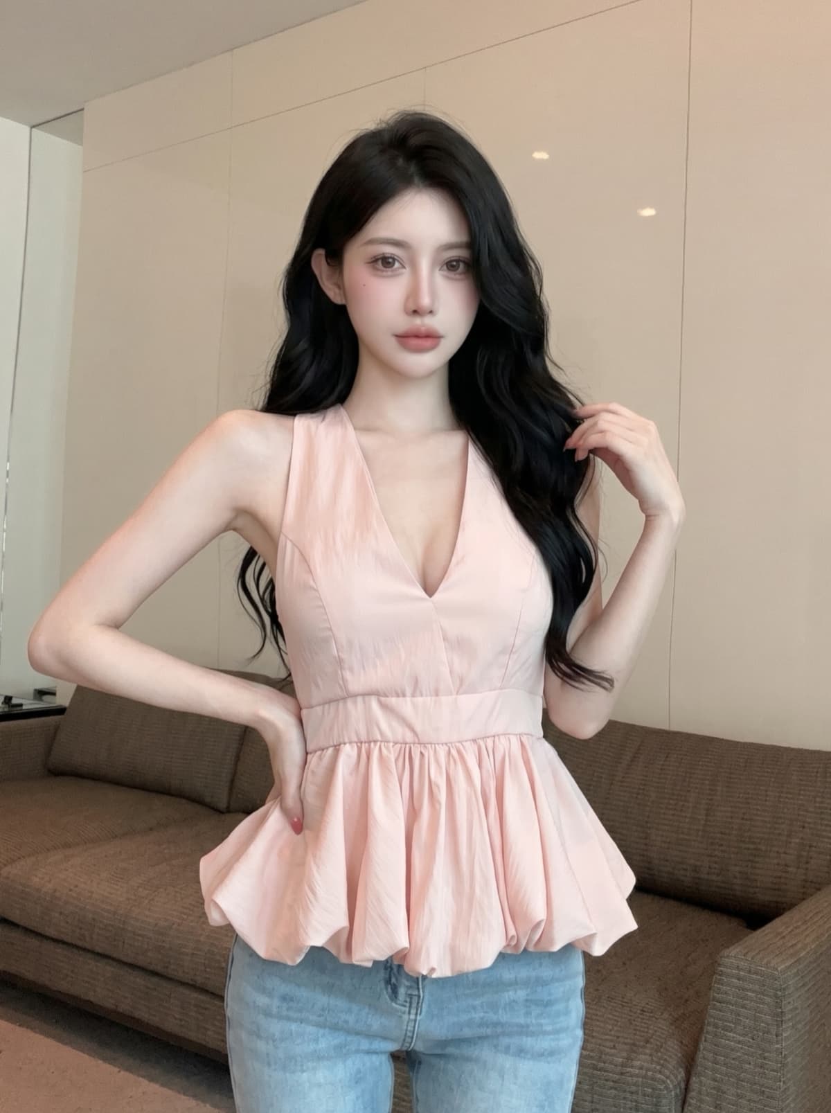 실사 여름 ootd 착용 가져 가라. 프릴 밑단 행침 목 캐미솔 프랑스식 달콤한 핫걸 민소매 맨위 상세 이미지 7