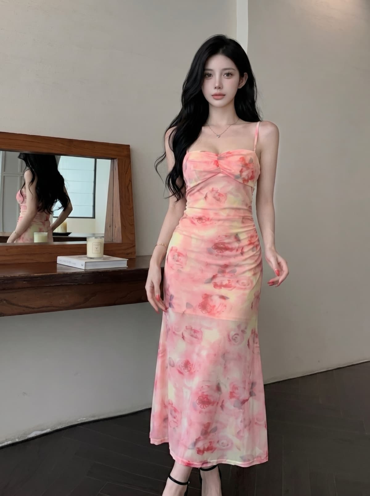 실사 프랑스식 분말 색 후광 염색 슬립 여성 드레스 여름 섹션 가슴 패드 하나 타이트 스커트 망사 중간 길이 스커트 상세 이미지 1