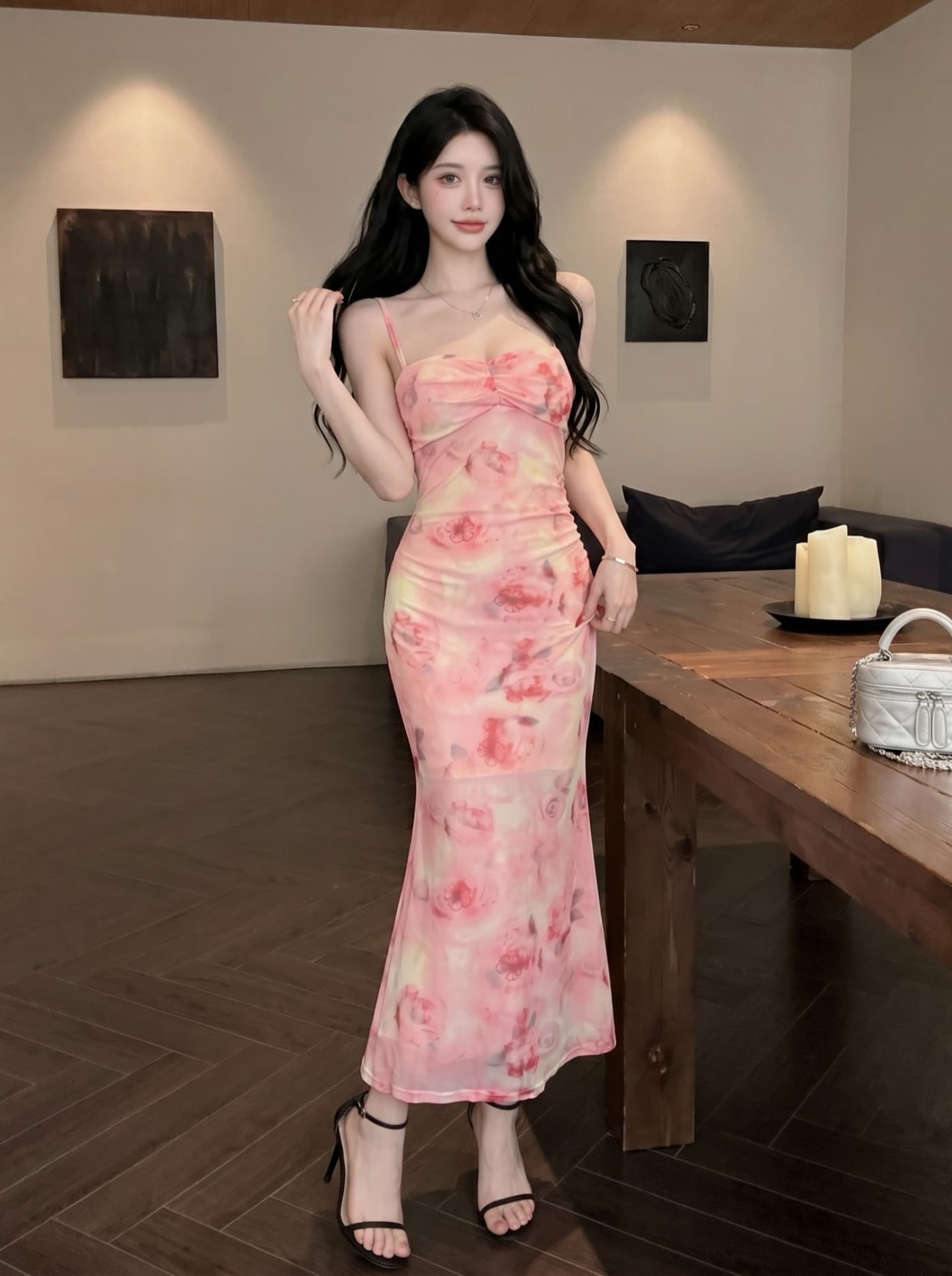 실사 프랑스식 분말 색 후광 염색 슬립 여성 드레스 여름 섹션 가슴 패드 하나 타이트 스커트 망사 중간 길이 스커트 상세 이미지 2