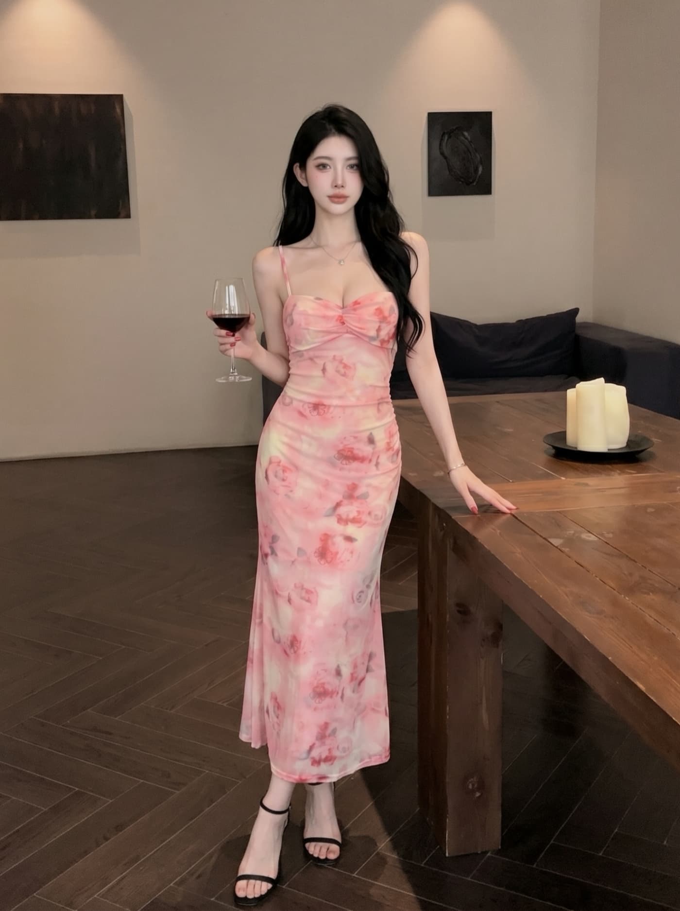 실사 프랑스식 분말 색 후광 염색 슬립 여성 드레스 여름 섹션 가슴 패드 하나 타이트 스커트 망사 중간 길이 스커트 상세 이미지 4