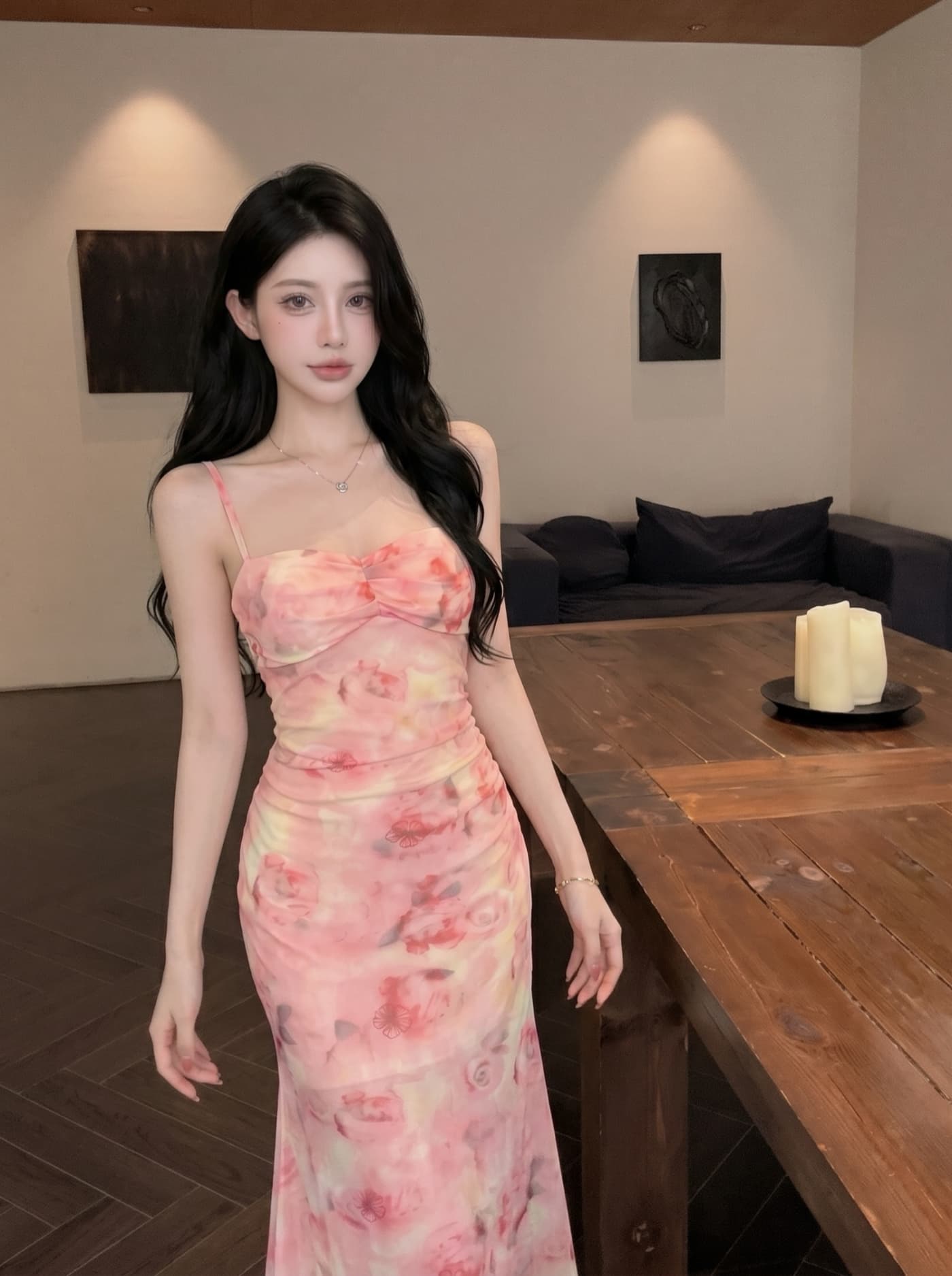실사 프랑스식 분말 색 후광 염색 슬립 여성 드레스 여름 섹션 가슴 패드 하나 타이트 스커트 망사 중간 길이 스커트 상세 이미지 5