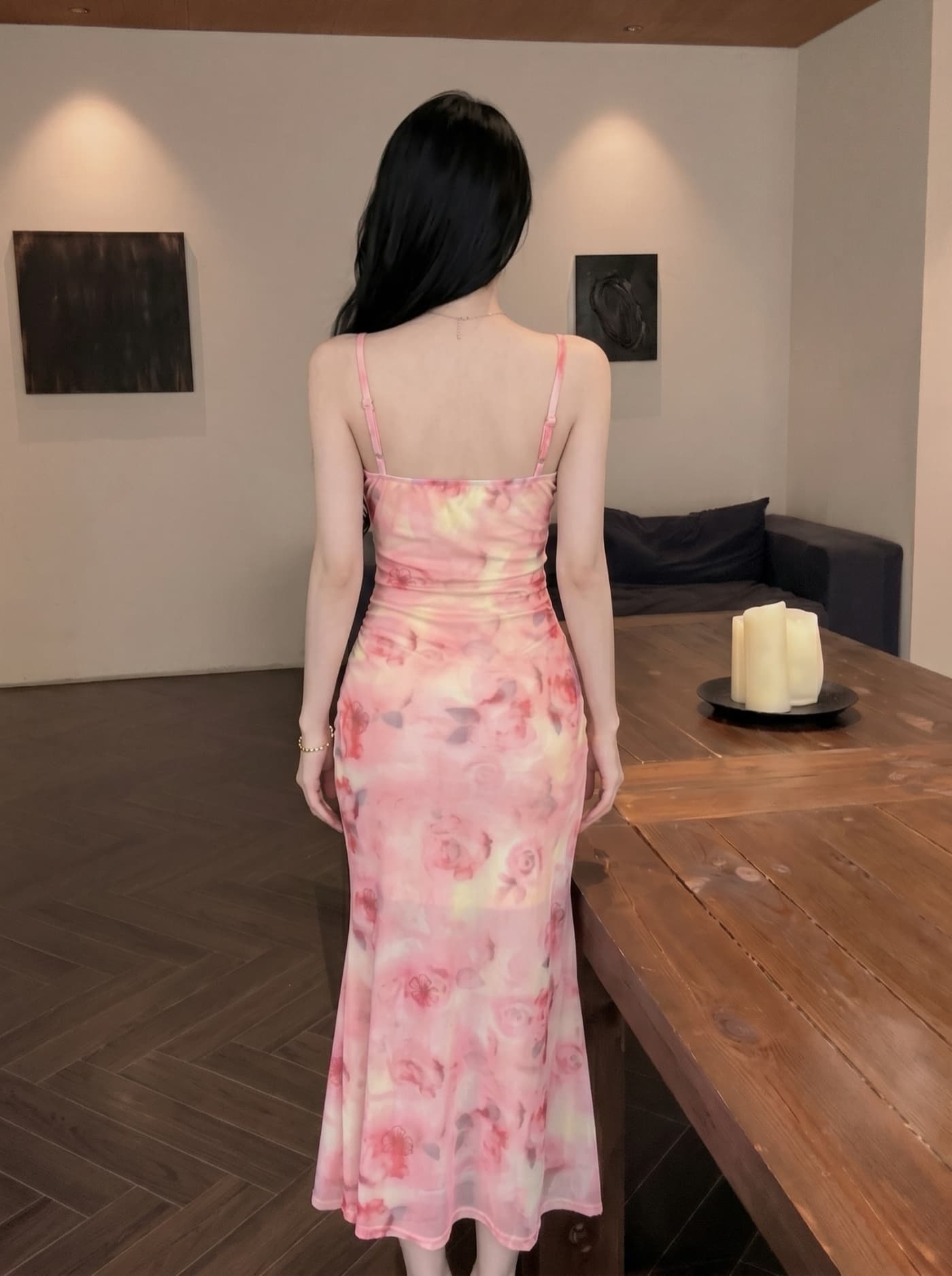 실사 프랑스식 분말 색 후광 염색 슬립 여성 드레스 여름 섹션 가슴 패드 하나 타이트 스커트 망사 중간 길이 스커트 상세 이미지 10