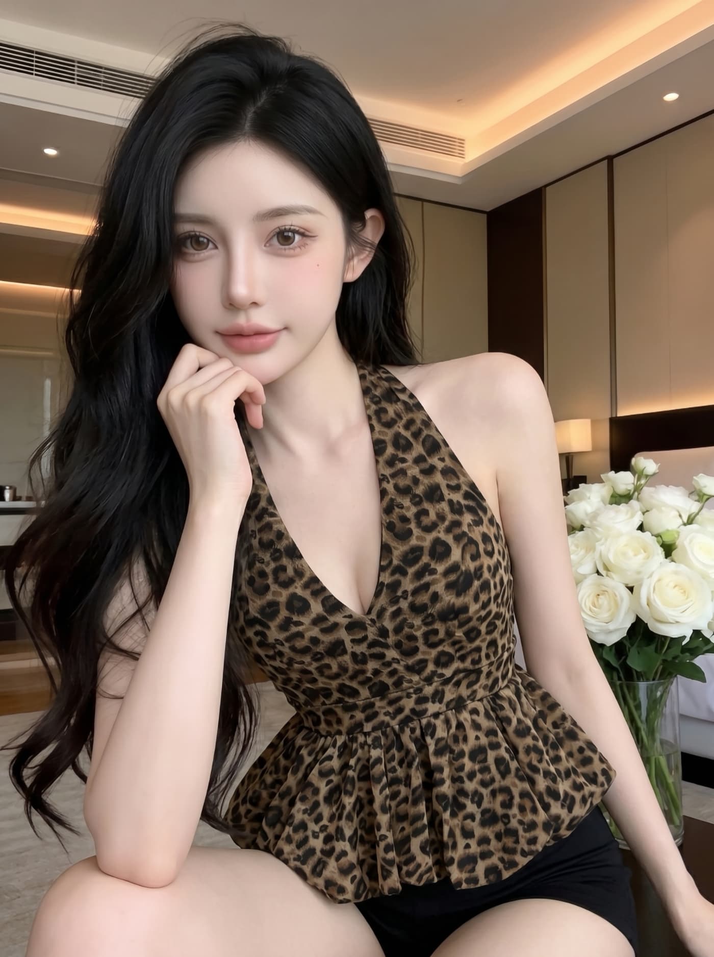 실사 프랑스식 고급 센스 레트로 레오파드 무늬 행침 목 V넥 백리스 허리 수축 맨위 여성 여름 새로운 몸매 가꾸기 작은 셔츠 이미지 5
