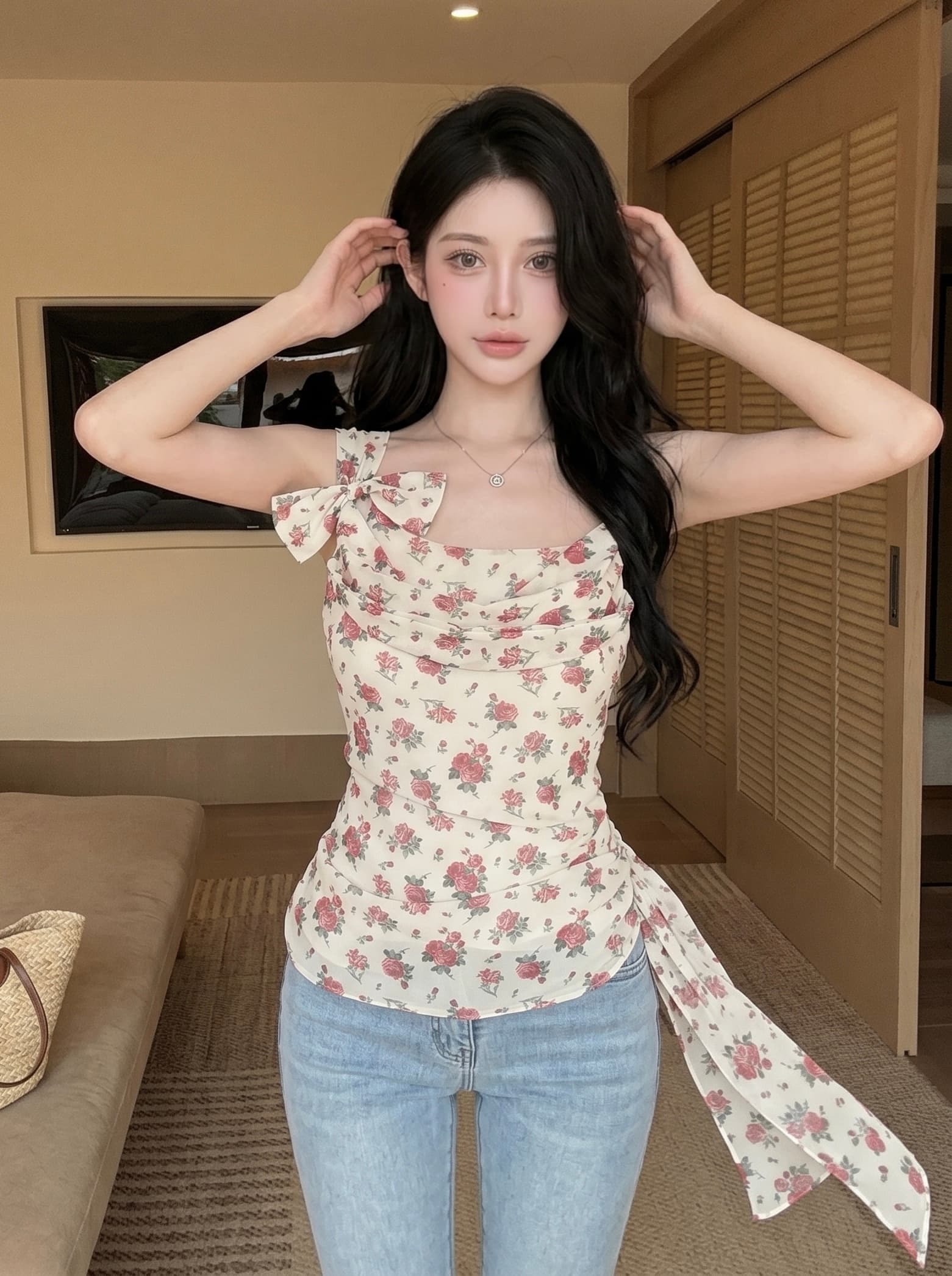 실사 프랑스식 순수한 욕망 나비 매듭 꽃무늬 불규칙 슬립 맨위 여성 여름 레트로 몸매 가꾸기 섹시함 레이스 셔츠 이미지 5