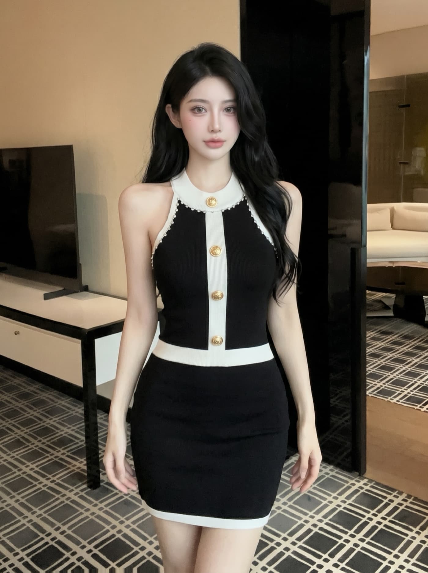 실사 작은 샤넬 스타일 배색 골드 버클 민소매 니트 여성 드레스 여름 고급 센스 허리 수축 슬림해 보이는 타이트 스커트 A라인 스커트 이미지 5