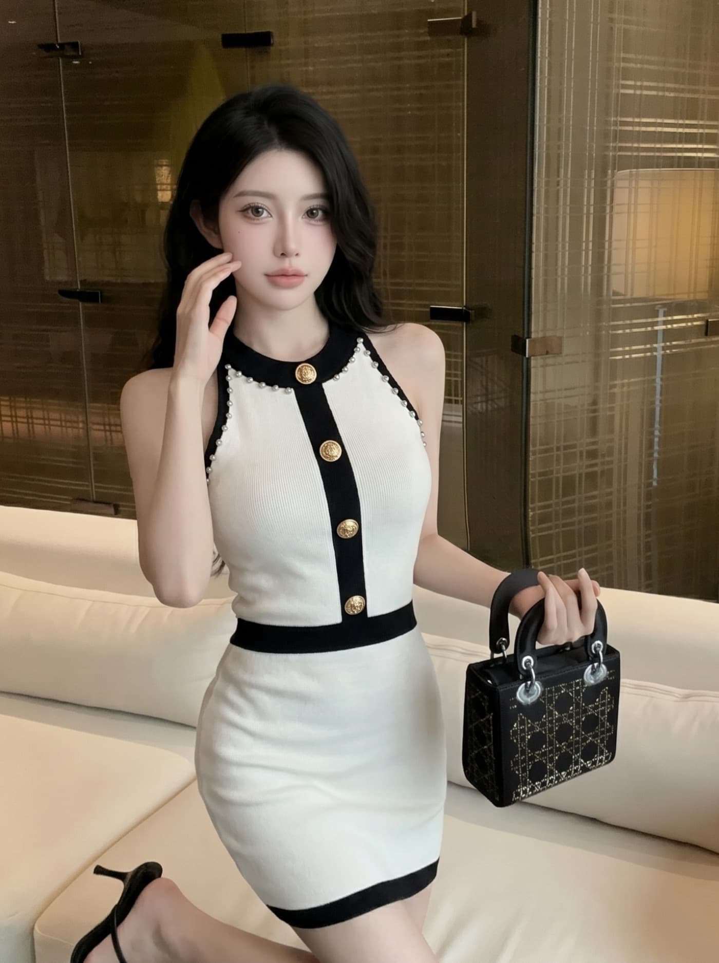 실사 작은 샤넬 스타일 배색 골드 버클 민소매 니트 여성 드레스 여름 고급 센스 허리 수축 슬림해 보이는 타이트 스커트 A라인 스커트 이미지 4