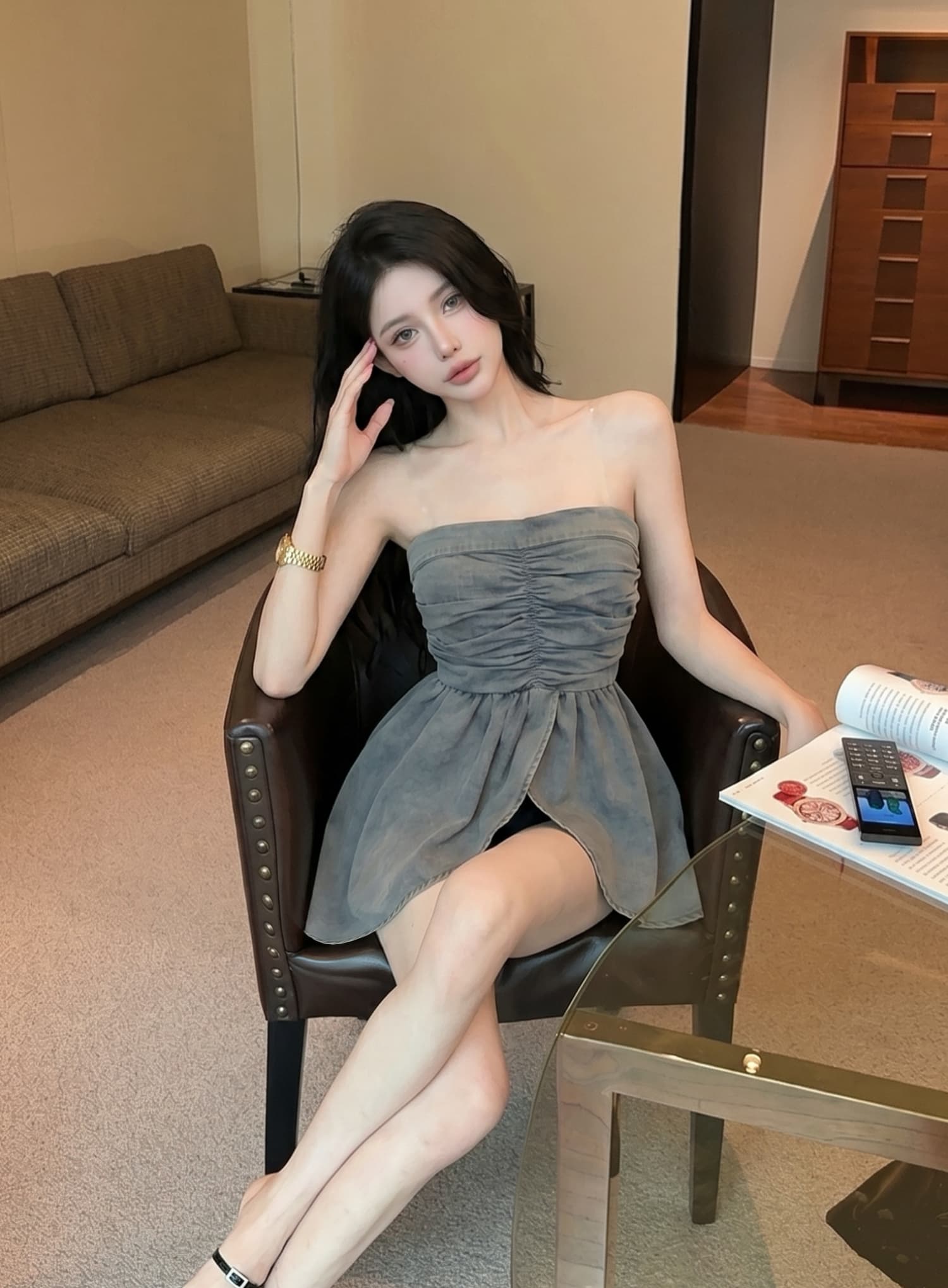 실사 레트로 핫걸 패션 다용도 주름 하이웨이스트 슬림해 보이는 여성 여름 불규칙 데님 튜브탑 조끼 맨위 상세 이미지 1