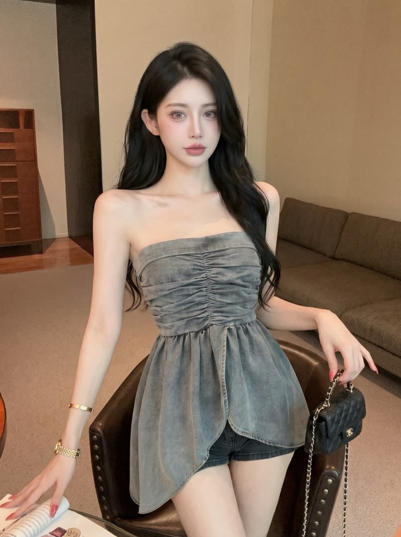실사 레트로 핫걸 패션 다용도 주름 하이웨이스트 슬림해 보이는 여성 여름 불규칙 데님 튜브탑 조끼 맨위 상세 이미지 6