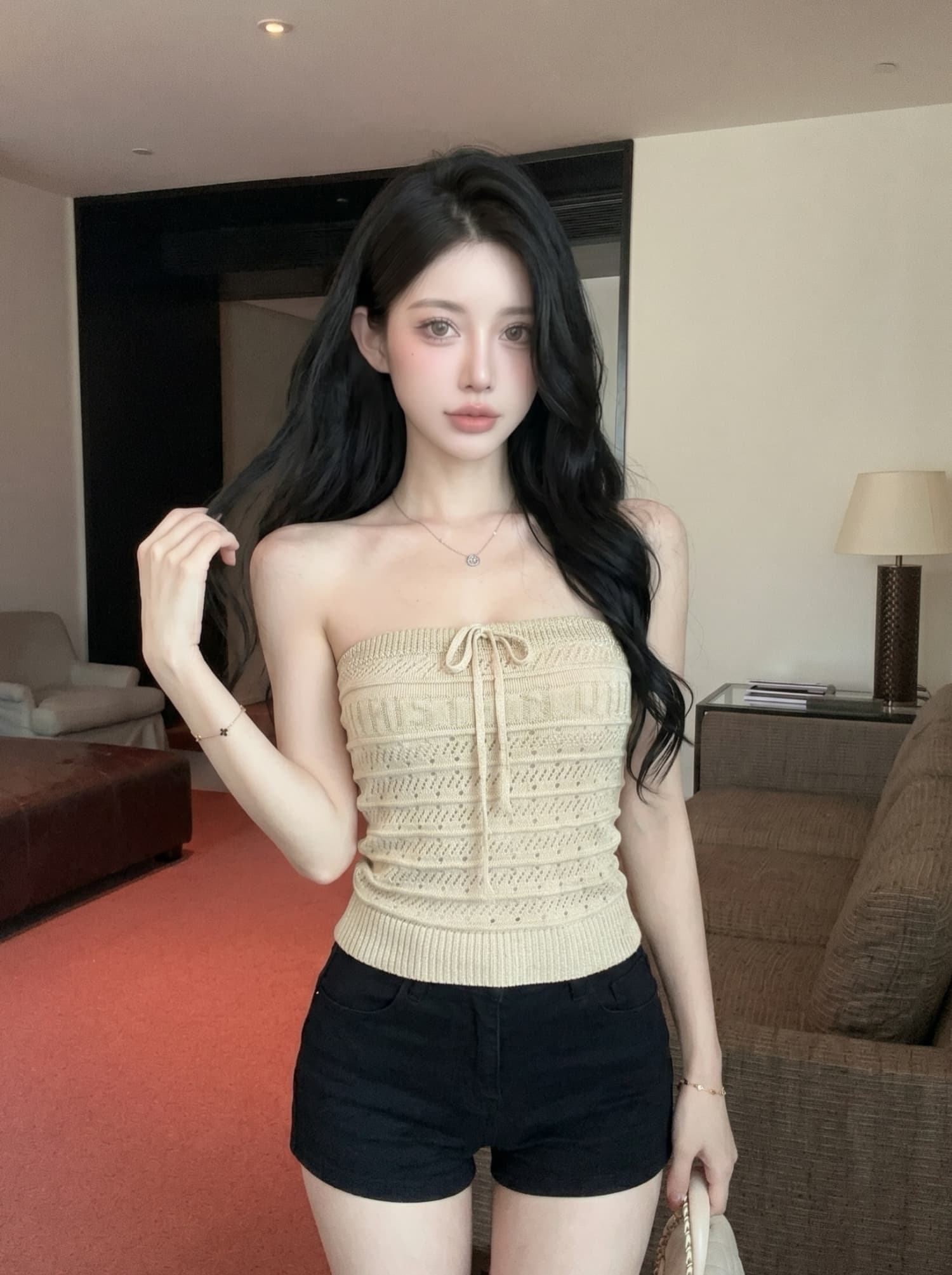 실사 알파벳 자카드 니트 튜브탑 캐미솔 여름 섹시함 슬림해 보이는 오프숄더 오프숄더 민소매 맨위 상세 이미지 12