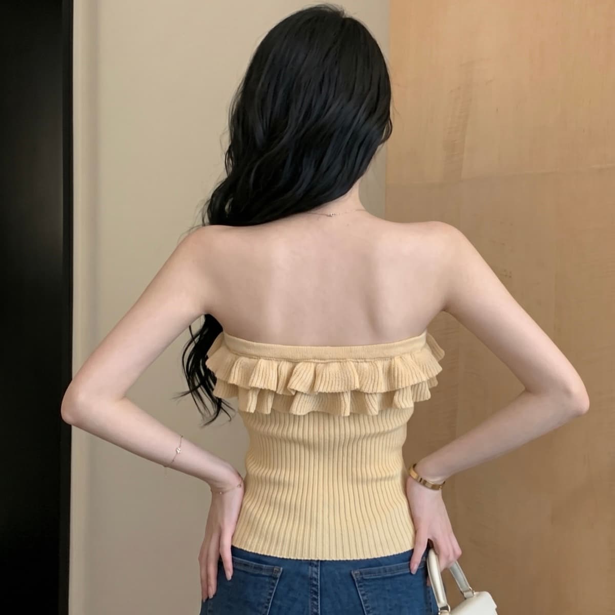 실사 달콤함 펌프 Pleat 쇼트 스타일 디자인 센스 여성 여름 새로운 몸매 가꾸기 프릴 오프숄더 튜브탑 맨위 이미지 6