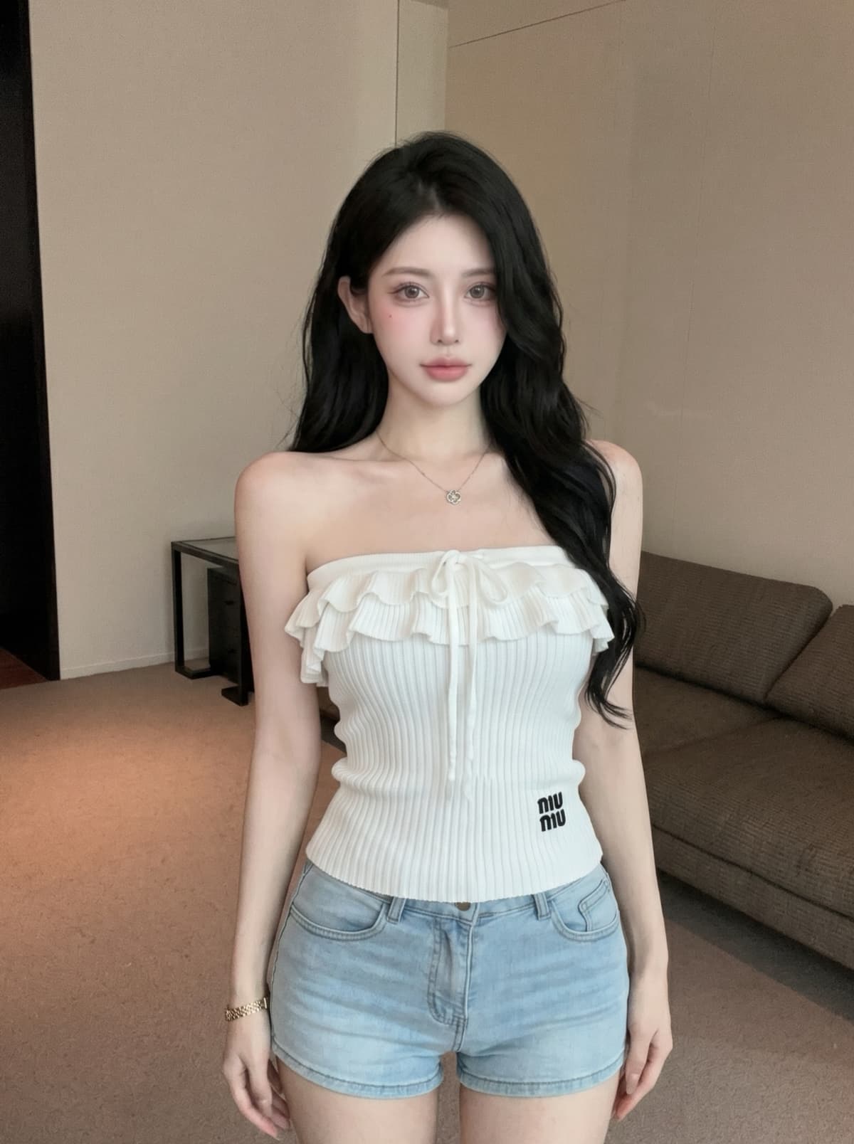 실사 달콤함 펌프 Pleat 쇼트 스타일 디자인 센스 여성 여름 새로운 몸매 가꾸기 프릴 오프숄더 튜브탑 맨위 상세 이미지 2
