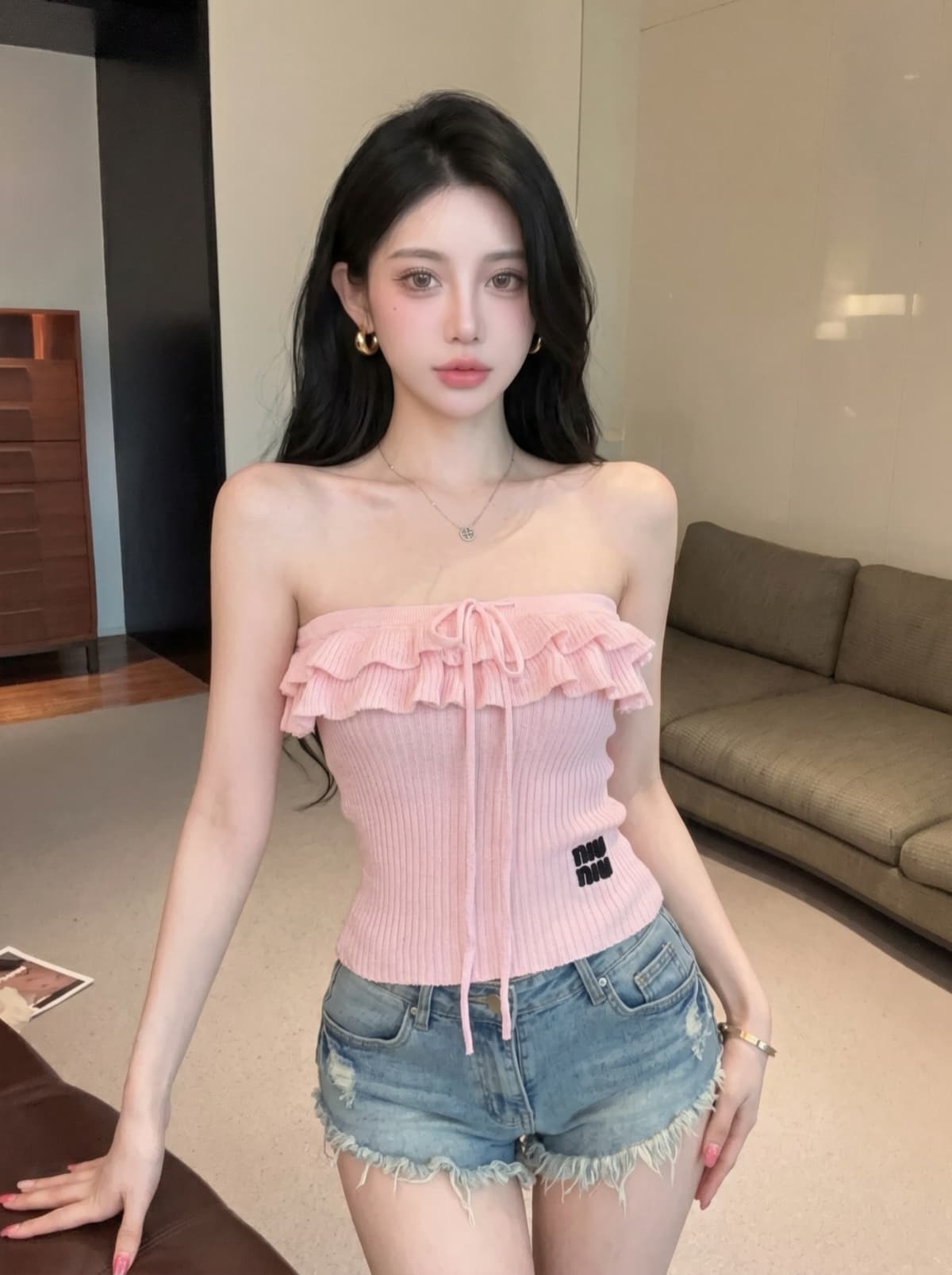 실사 달콤함 펌프 Pleat 쇼트 스타일 디자인 센스 여성 여름 새로운 몸매 가꾸기 프릴 오프숄더 튜브탑 맨위 상세 이미지 7