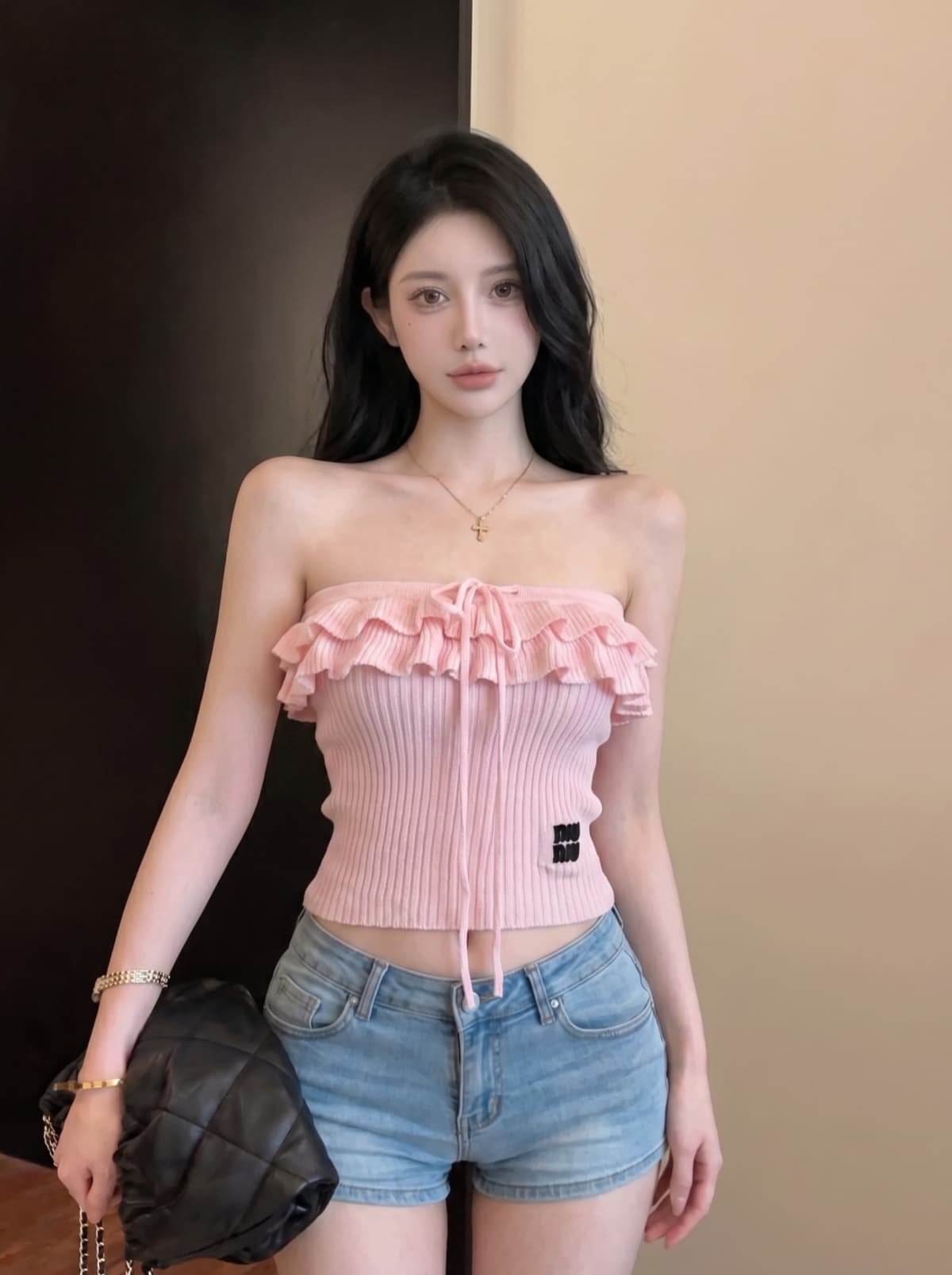 실사 달콤함 펌프 Pleat 쇼트 스타일 디자인 센스 여성 여름 새로운 몸매 가꾸기 프릴 오프숄더 튜브탑 맨위 상세 이미지 8