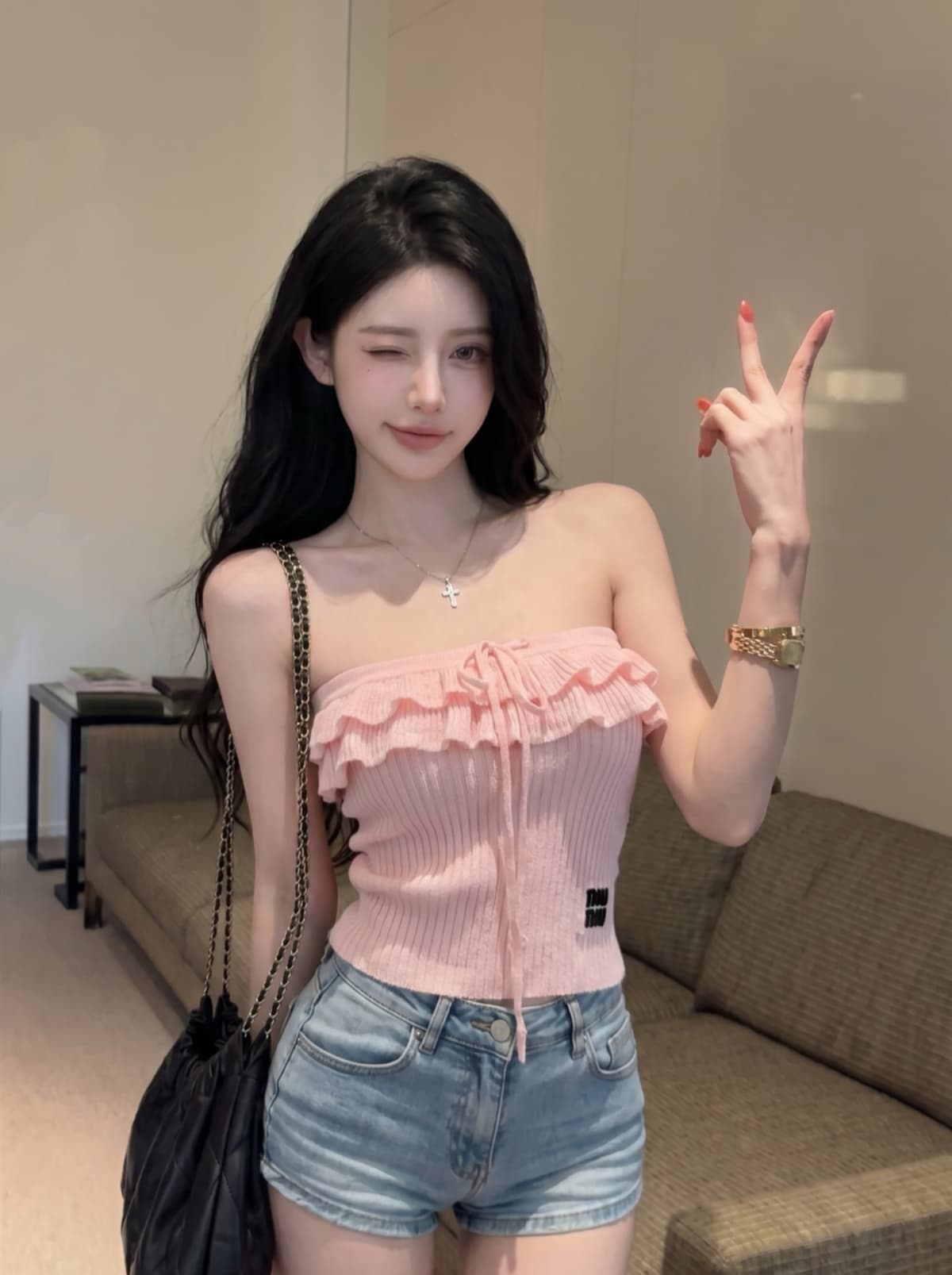 실사 달콤함 펌프 Pleat 쇼트 스타일 디자인 센스 여성 여름 새로운 몸매 가꾸기 프릴 오프숄더 튜브탑 맨위 상세 이미지 9