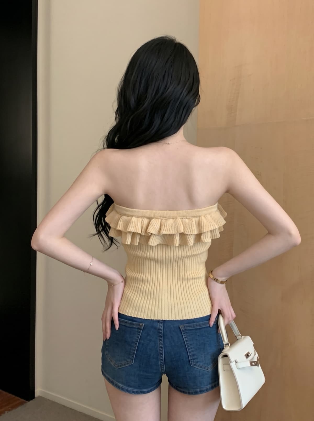 실사 달콤함 펌프 Pleat 쇼트 스타일 디자인 센스 여성 여름 새로운 몸매 가꾸기 프릴 오프숄더 튜브탑 맨위 상세 이미지 17