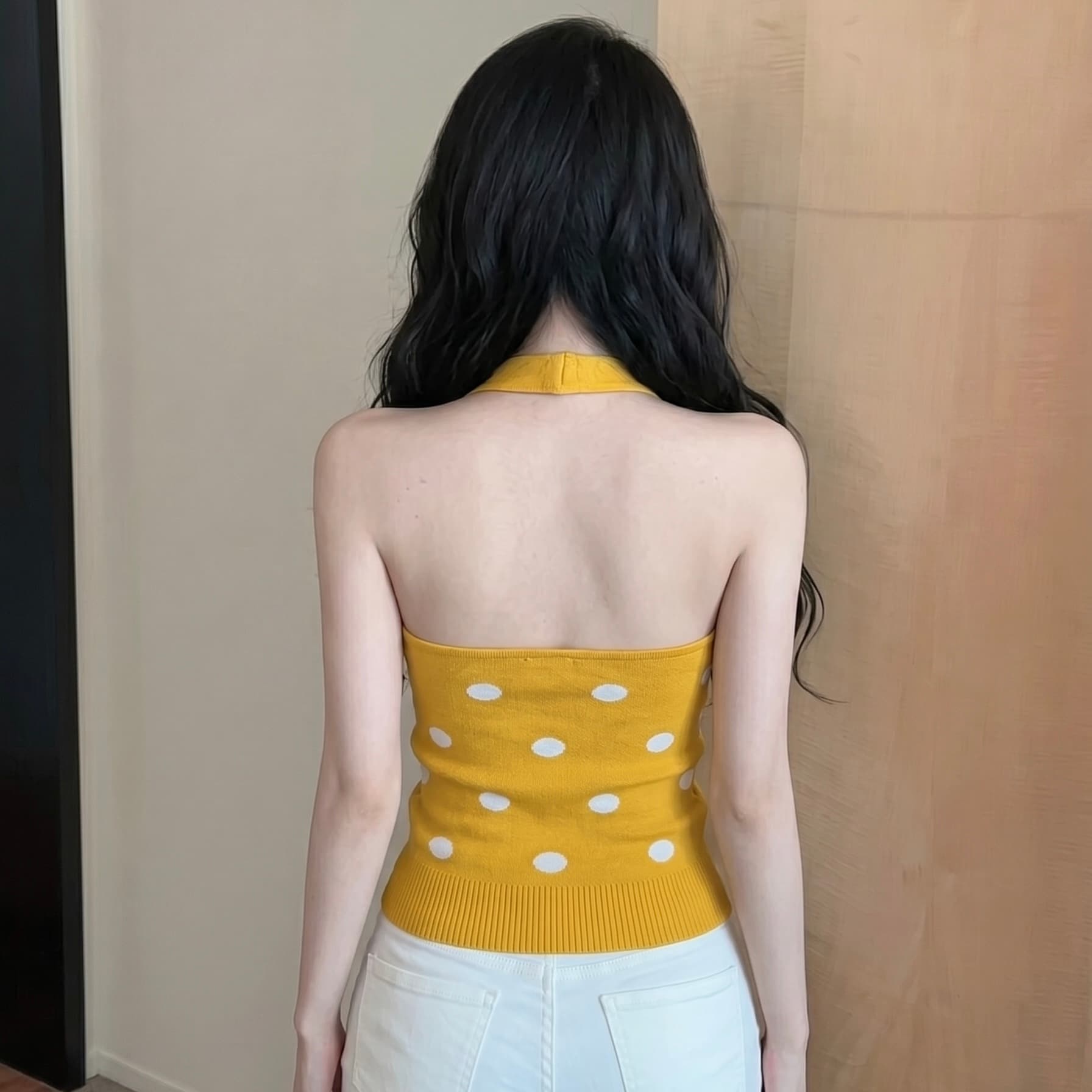 실사 핫걸 바람 레트로 도트 무늬 행침 목 디자인 센스 여성 작은 대중 다용도 신축성 슬림해 보이는 오프숄더 니트 맨위 이미지 6