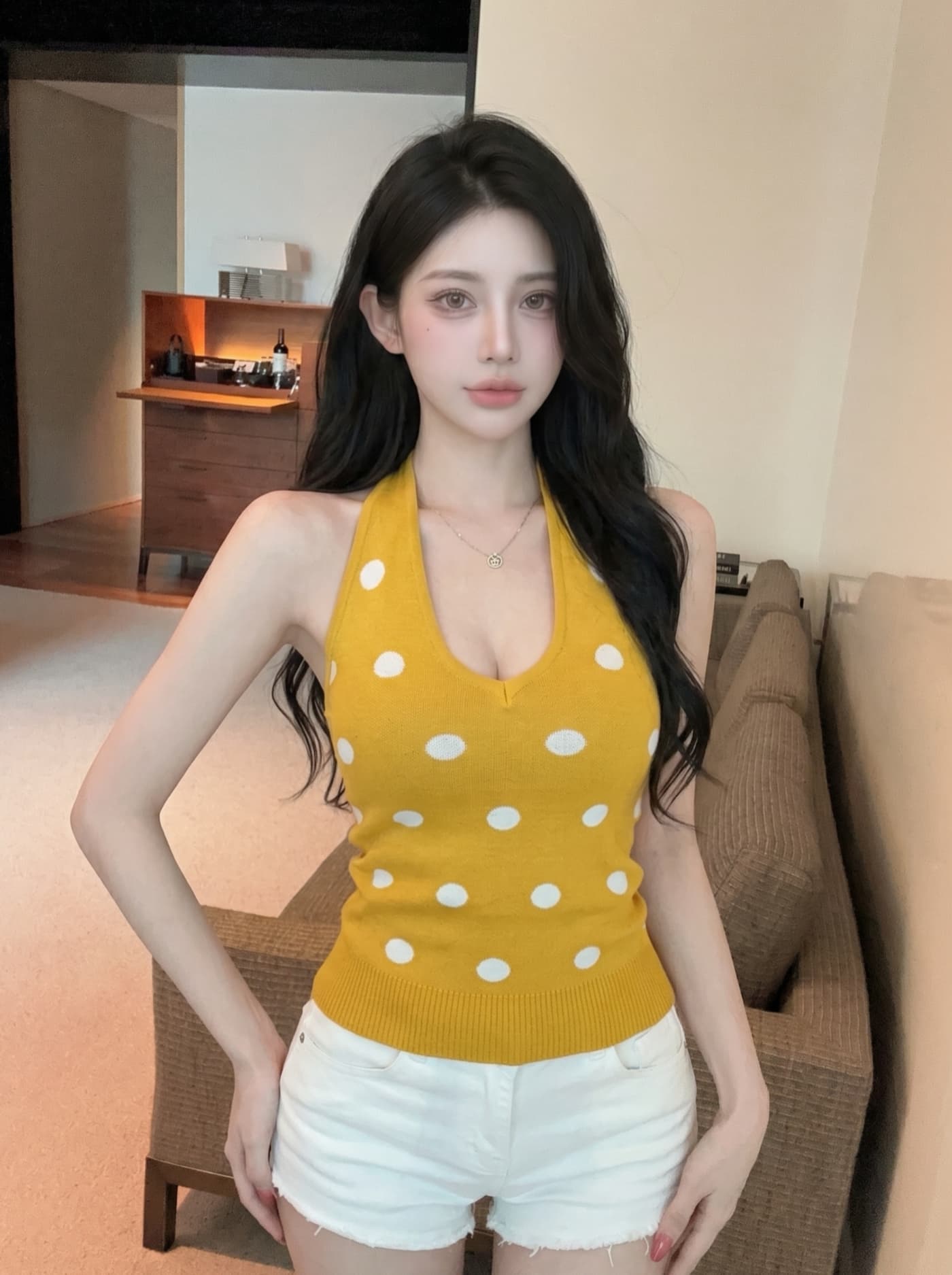 실사 핫걸 바람 레트로 도트 무늬 행침 목 디자인 센스 여성 작은 대중 다용도 신축성 슬림해 보이는 오프숄더 니트 맨위 상세 이미지 7