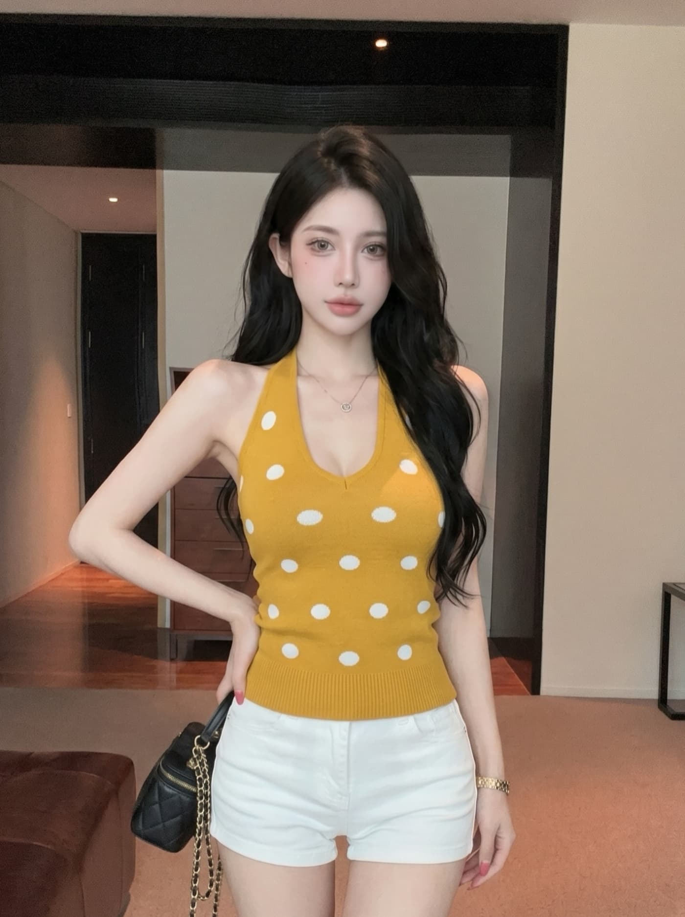 실사 핫걸 바람 레트로 도트 무늬 행침 목 디자인 센스 여성 작은 대중 다용도 신축성 슬림해 보이는 오프숄더 니트 맨위 상세 이미지 8
