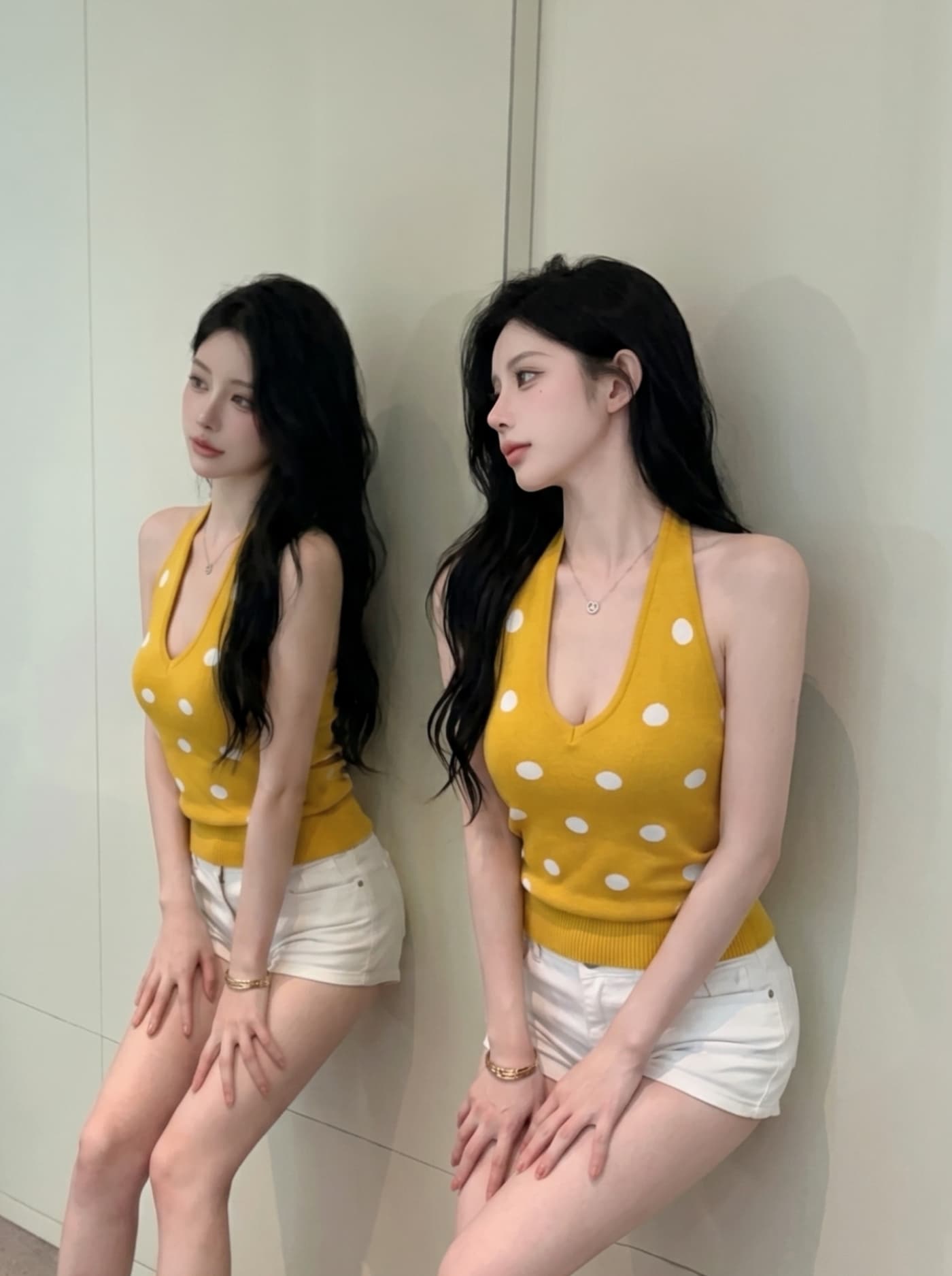 실사 핫걸 바람 레트로 도트 무늬 행침 목 디자인 센스 여성 작은 대중 다용도 신축성 슬림해 보이는 오프숄더 니트 맨위 상세 이미지 11